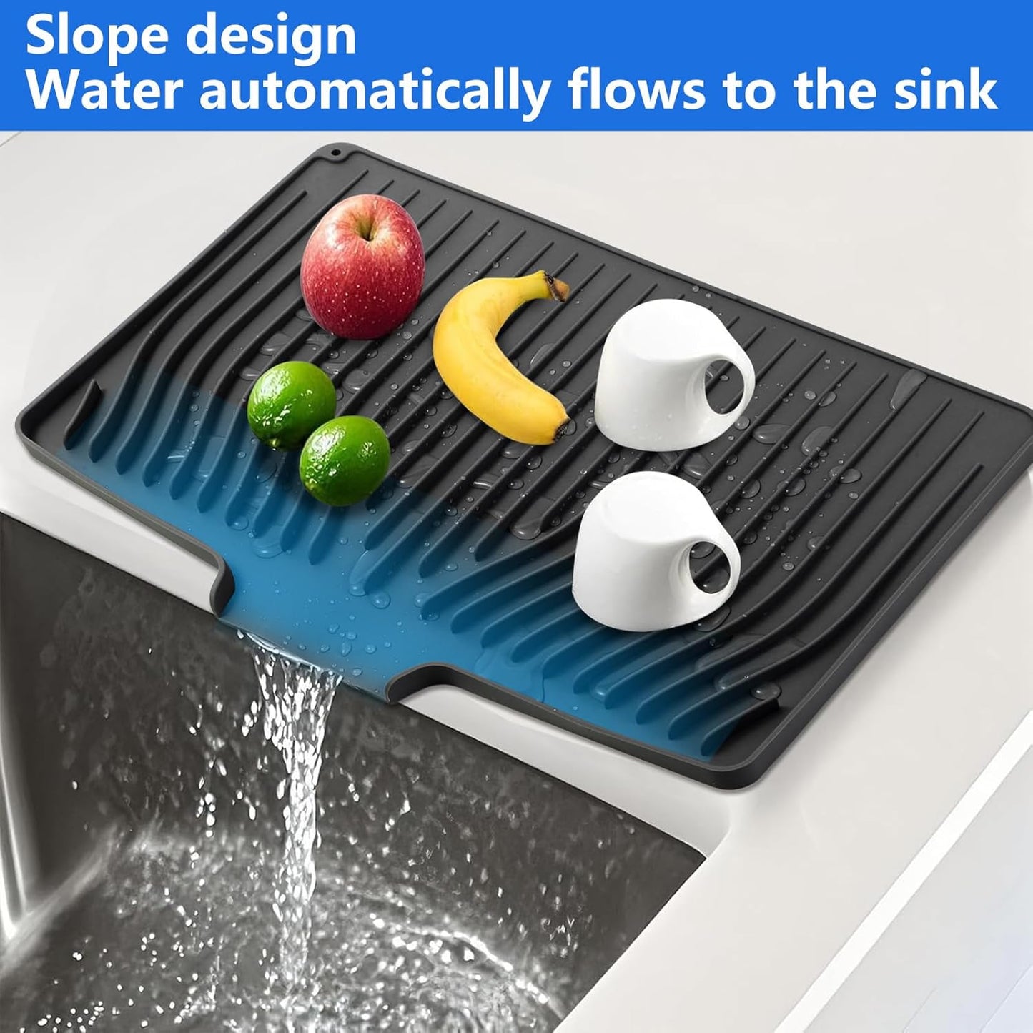 Silicone Dish Drying Mat for Kitchen Counter, Dish Drainer Mat, Non-Slip Drying Pad with Built-in Drain, Kitchen Drying Matt For Counter(18.9" x 11.8", Black)