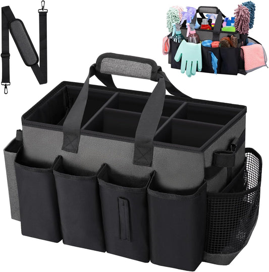 Wearable Large Cleaning Caddy Bag for Housekeeper, Clean Supply Organizer with Adjustable Shoulder, Waist & Handle Straps, Detailing Bag for Kitchen Supplies (Black&Gray)