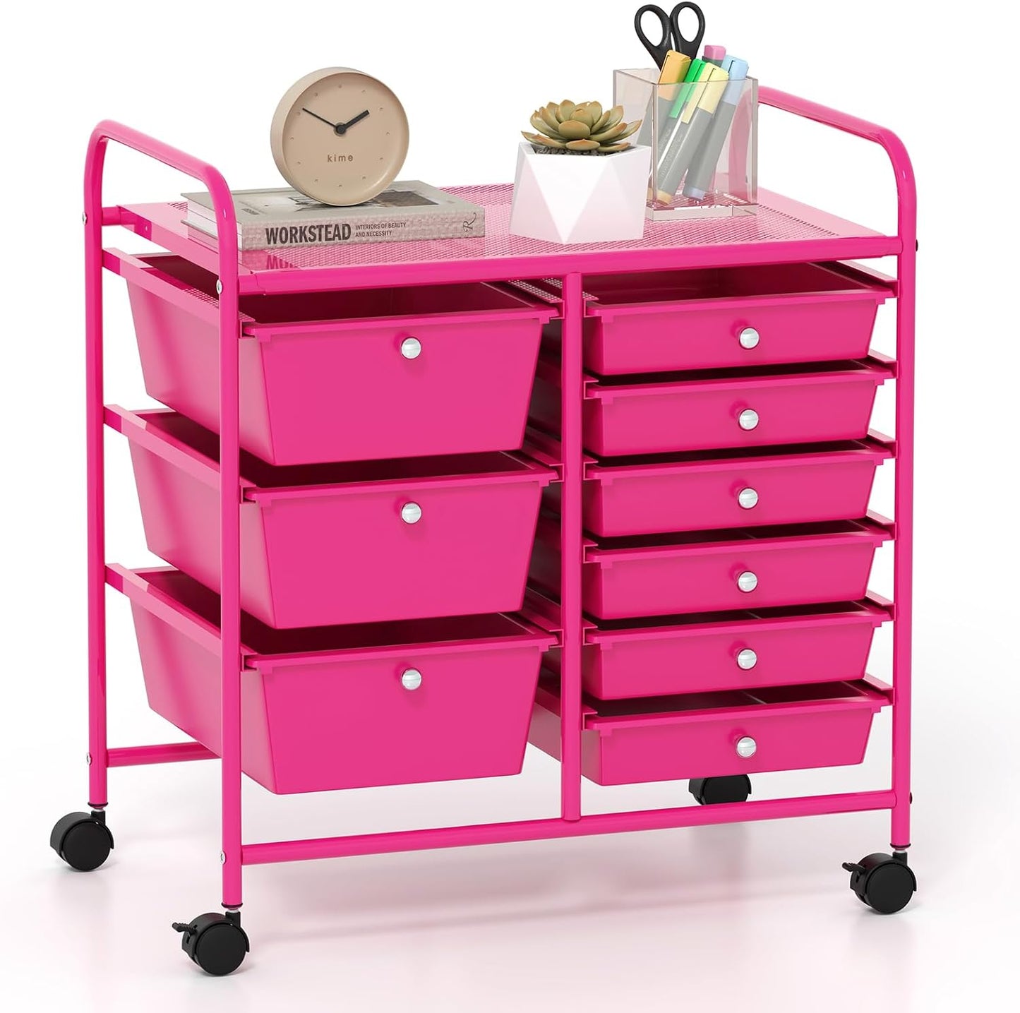 GOFLAME 9-Drawer Rolling Storage Cart, Mobile Utility Cart with Removable Drawers & Metal Frame, Art Craft Organizer Cart with Lockable Wheels, Storage Drawer Cart for Home Office School, Hot Pink