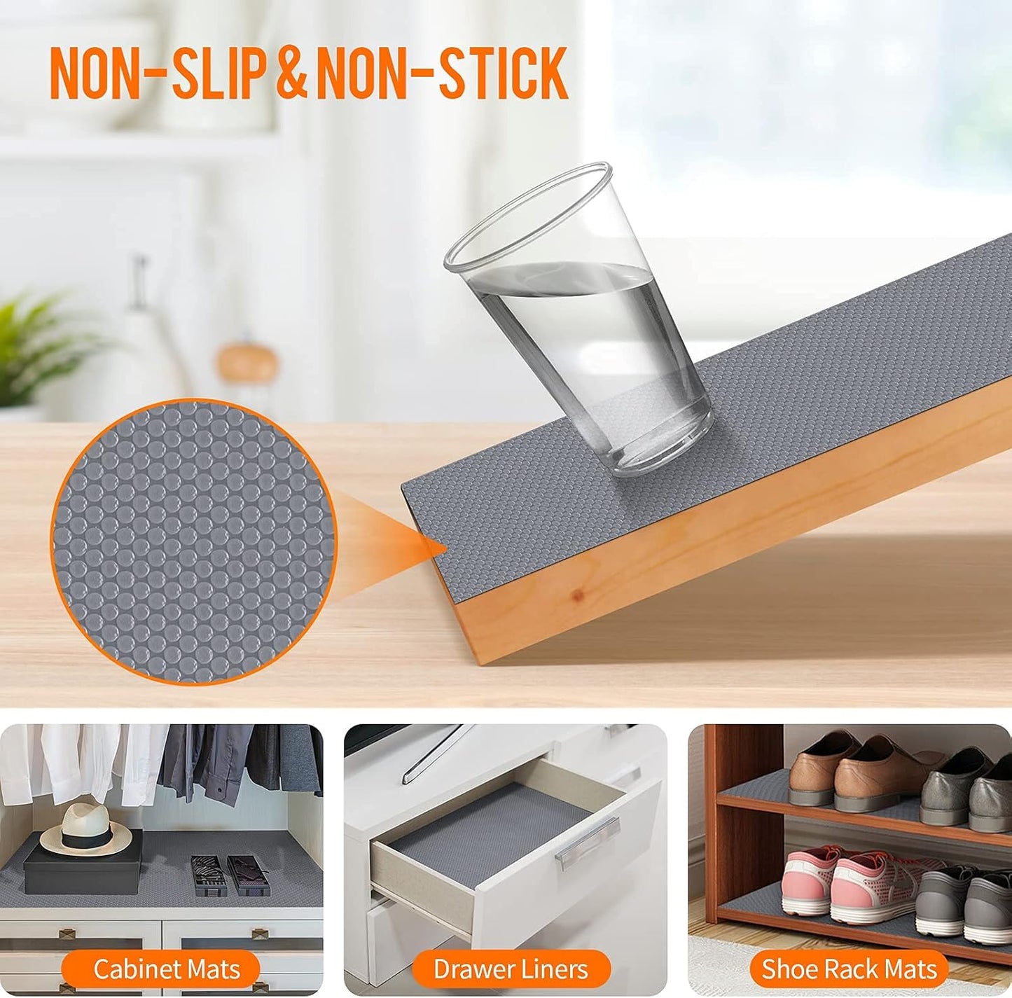 Shelf Liners for Kitchen Cabinets Non-Adhesive, Drawer Mats Liner for Bathroom, Plastic Pantry Shelf Liner Non Slip, Waterproof Washable Cabinet Protector Liners for Shelves, Cupboard Liner Gray