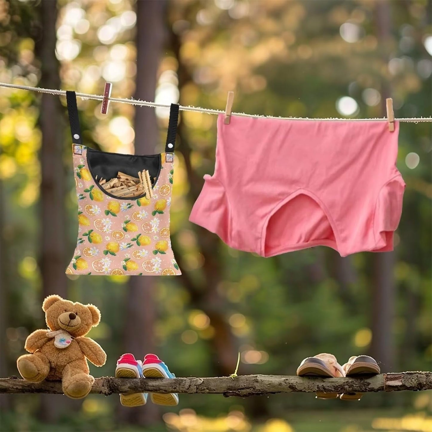 Lemon Print Clothespin Holder with Hanger Hook - Space-Saving Indoor and Outdoor Clothespin Organizer