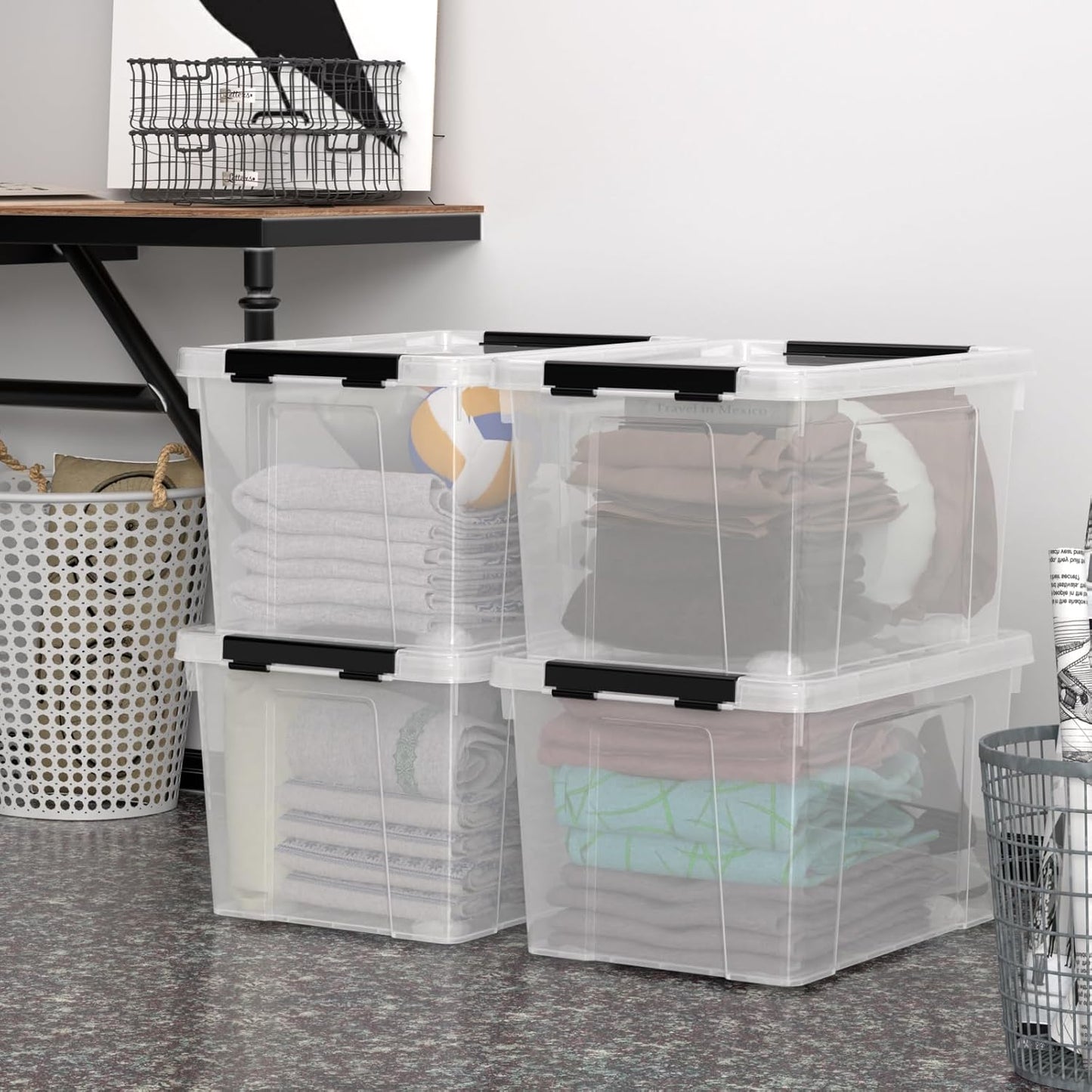 Zopnny 52 Quart Stackable Plastic Storage Bins with Latching Lids, Large Rolling Storage Containers, Pack of 4