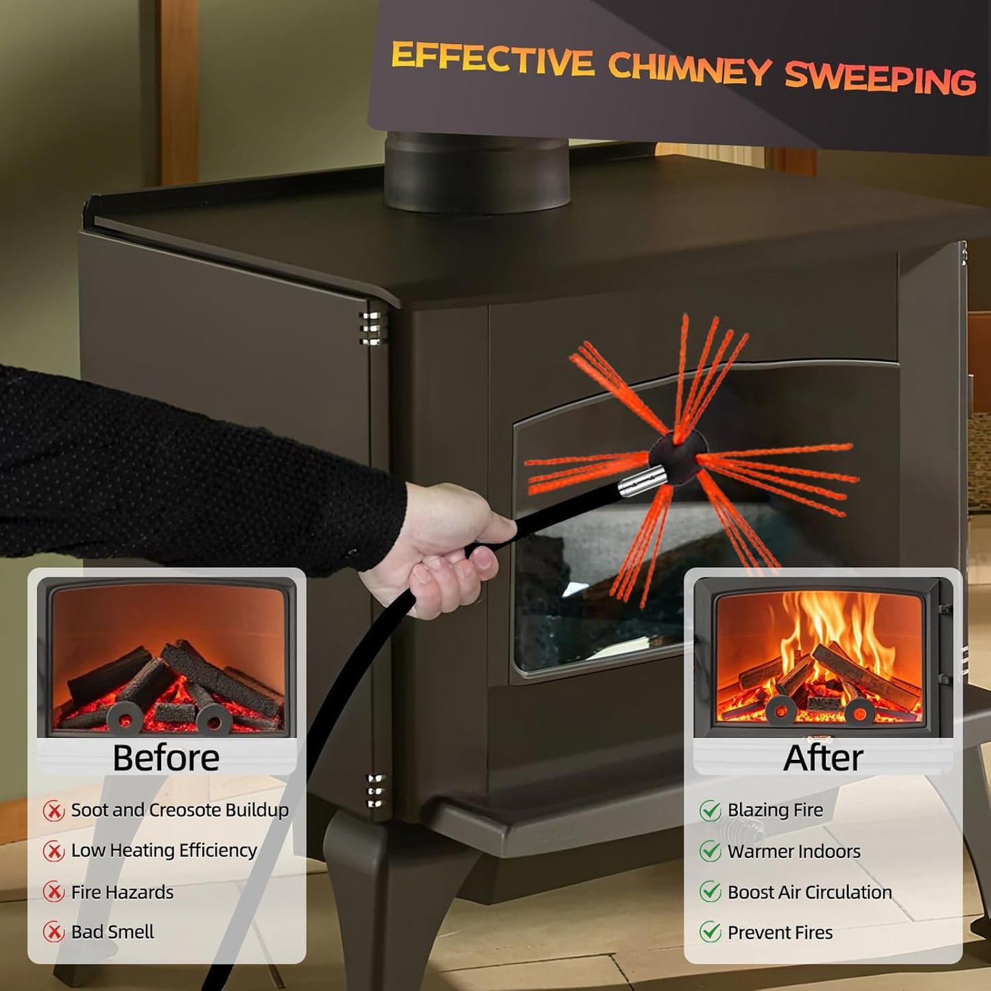 30 Feet Chimney Sweep Kit, Chimney Cleaning Kit with 9 Flexible Black Chimney Rods, Chimney Brush for Sweeping Fireplace, Rotary Chimney Cleaning System Driven by Drill