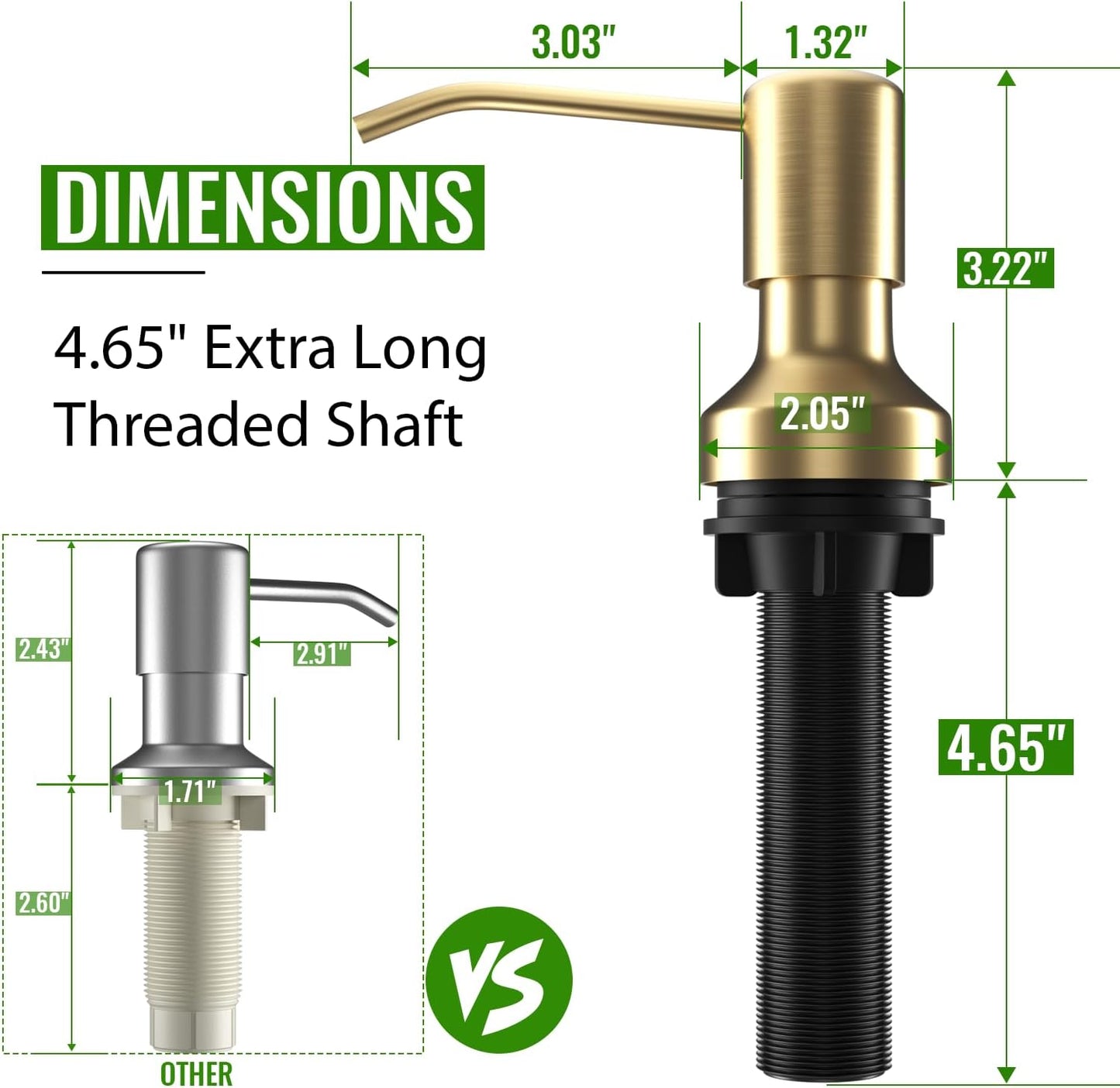 Soap Dispenser for Kitchen Sink, Kitchen Sink Soap Dispenser with 17 OZ Bottle, Refill from The Top Bar, Longer Threaded Shaft Shank, Wide Pump Head Base (Golden)