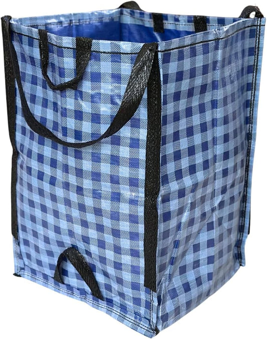 DURASACK Heavy Duty Home and Yard Bags 48-Gallon Reusable Self-Standing Lawn and Leaf Bags Garbage Can with Reinforced Handles, Gingham Blue, 3 Pack