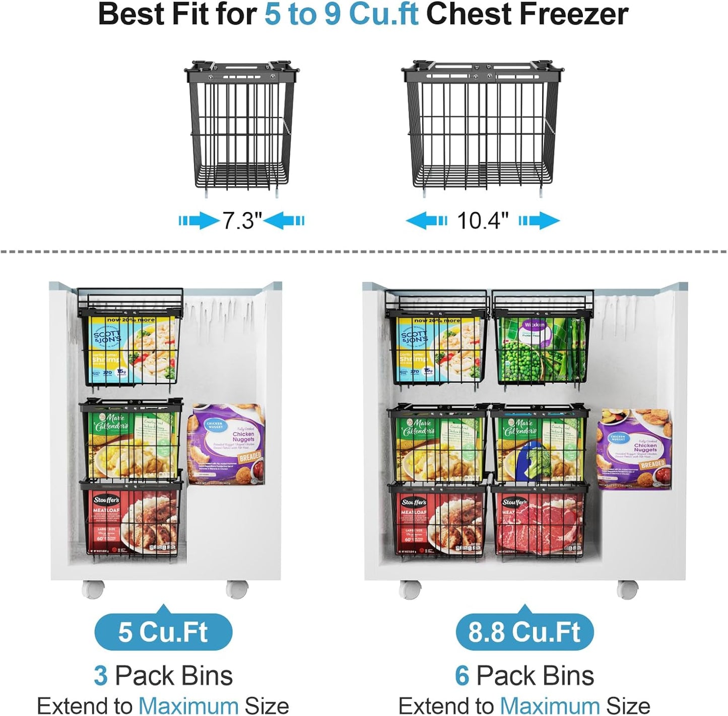 iSPECLE Freezer Organizer Bins - 2 Pcs Hanging Baskets for Deep Freezer, Adjustable Wider & Deeper Chest Freezer Organizer Bins for 5 to 9 Cu Ft, Extra Large & Easy Organize, Black