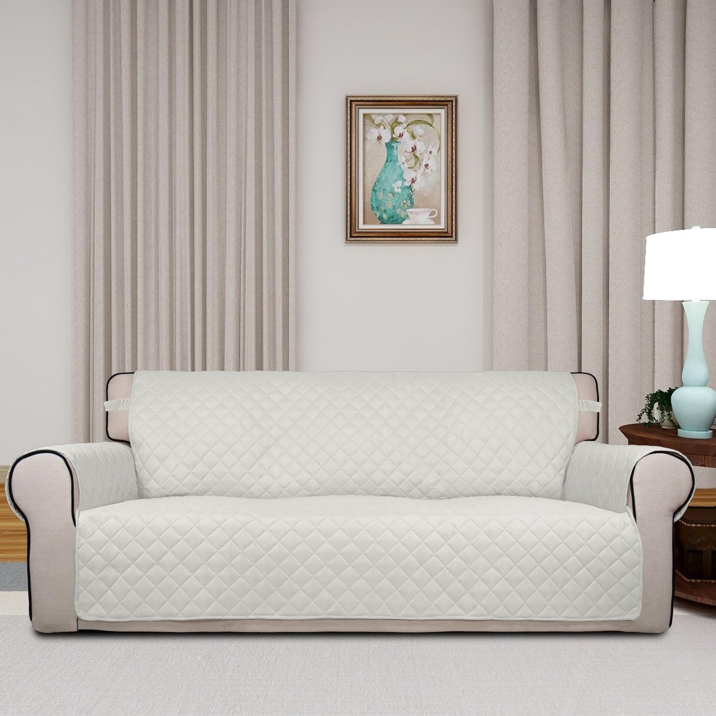 PureFit Reversible Quilted Sofa Cover, Water Resistant Slipcover Furniture Protector, Washable Couch Cover with Non Slip and Elastic Straps for Kids, Dogs, Pets (Sofa, Ivory/Ivory)