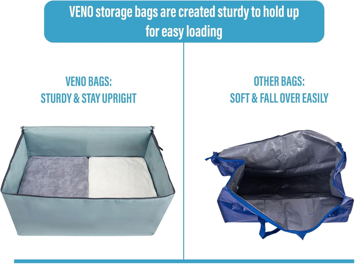 VENO 8 Pack Moving and Storage Bags, Heavy Duty, Alternative to Moving Boxes, Large Packing Totes Supplies for College Dorm Room with Zipper for Clothes, Wide Open Design (Light Blue Matte, 8 Pack)