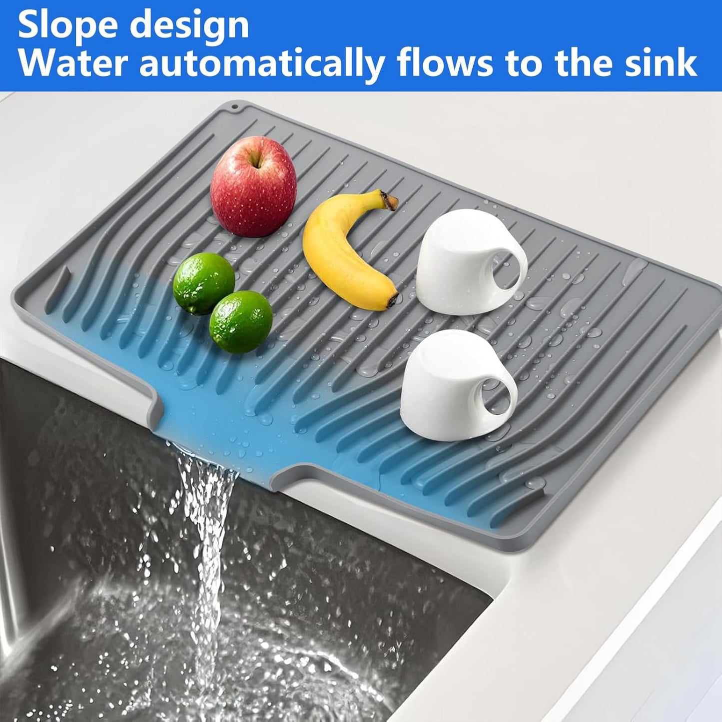 Silicone Dish Drying Mat for Kitchen Counter, Dish Drainer Mat, Non-Slip Drying Pad with Built-in Drain, Kitchen Drying Matt For Counter(18.9" x 11.8", Gray)