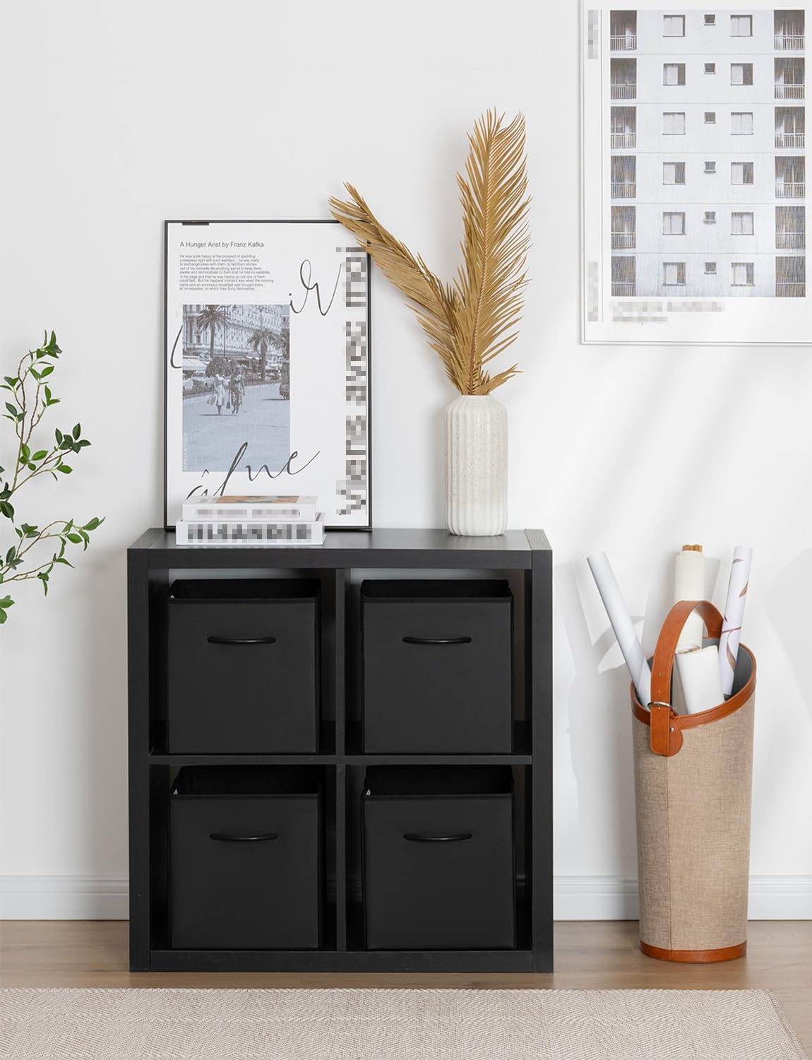 StorageWorks Black Storage Cubes, 11-inch Leather Bins with Handle, Cube Organizer Baskets for Shelves and Closet, Collapsible Storage Bins, 4-Pack