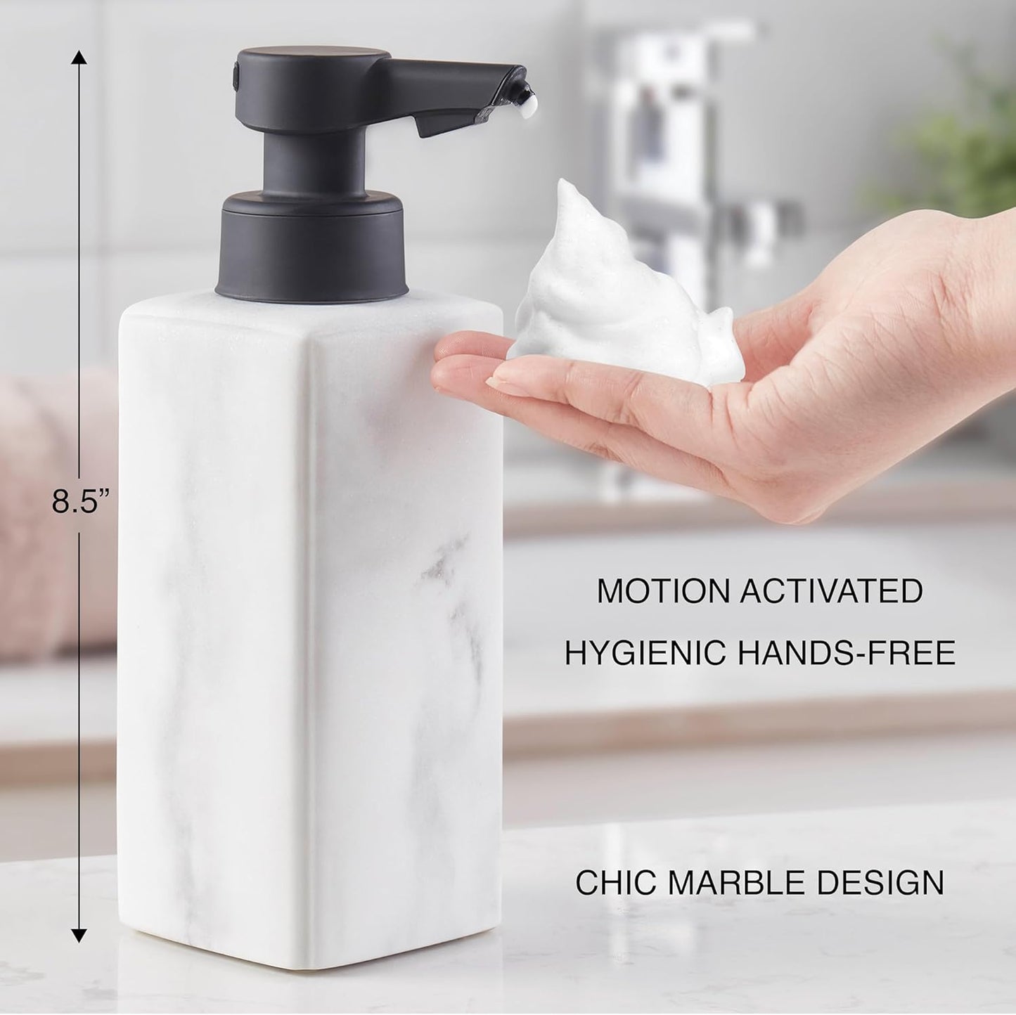 DKNY Hands Free Automatic Liquid Soap Dispenser, Refillable, Rechargeable Touchless Sensor Pump, Elegant Faux Marble Finish, 100% Resin, 1 Piece, 8.6" x 3", White