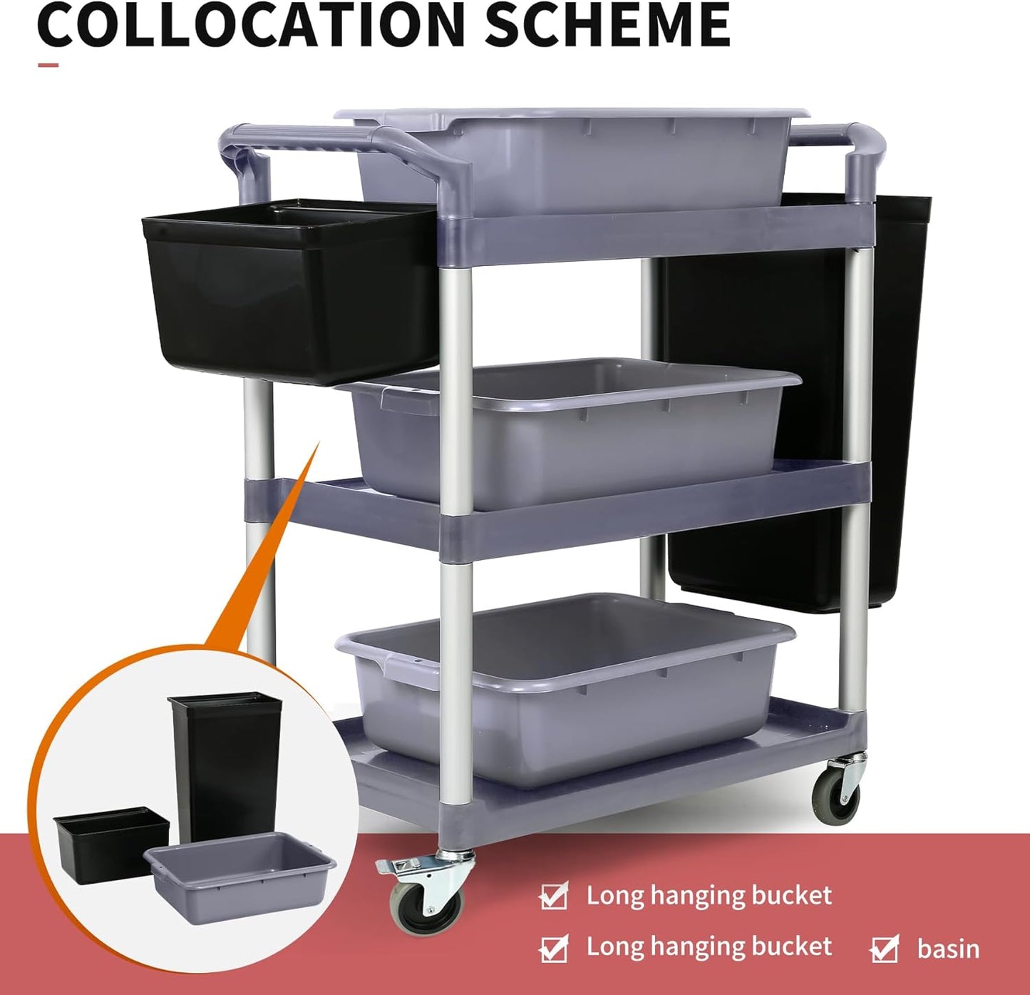 3-Tier Utility Rolling Cart with Wheels, Durable Catering carts with Wheels, Rolling Storage Cart for Hotel Canteen Resturant Office (Grey, 37" L x 16.54” W x 31.5" H) (Gray, 31.4"D x 16.5"W x 37.7"H)