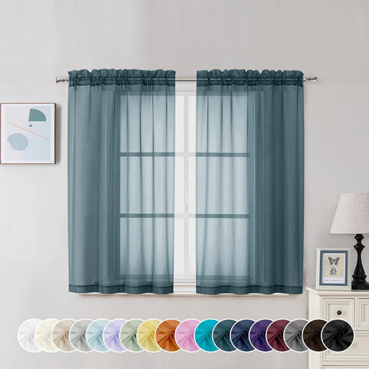 Chyhomenyc Stone Blue Sheer Curtains 45 Inch Long 2 Panels, Light Filtering Rod Pocket Voile Short Curtains Drapes for Living Room Bedroom Small Windows, 42Wx45L Inches