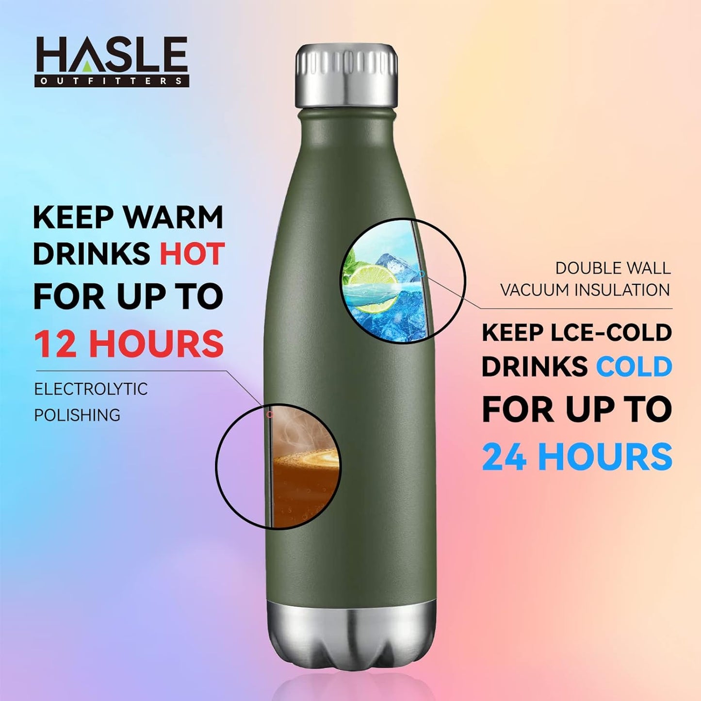 HASLE OUTFITTERS 17oz Stainless Steel Water Bottles, Vacuum Insulated Double Walled Powder Coated Reusable Metal Sports Water Bottles Keep Drinks Hot and Cold, ArmyGreen, 1Pack