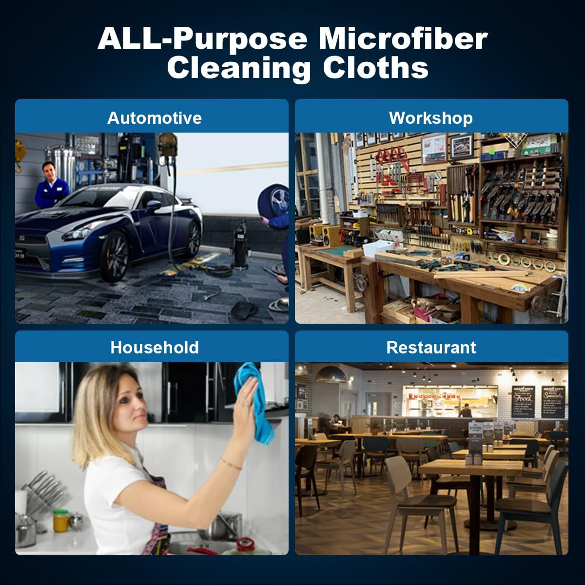 Shop Towels, 100 Sheets Microfiber Cleaning Cloth Commercial Grade Washcloths Lint-Free Bulk Shops Rags for Cars Mechanic Restaurant Garage Housekeeping, 11"x 9", Blue