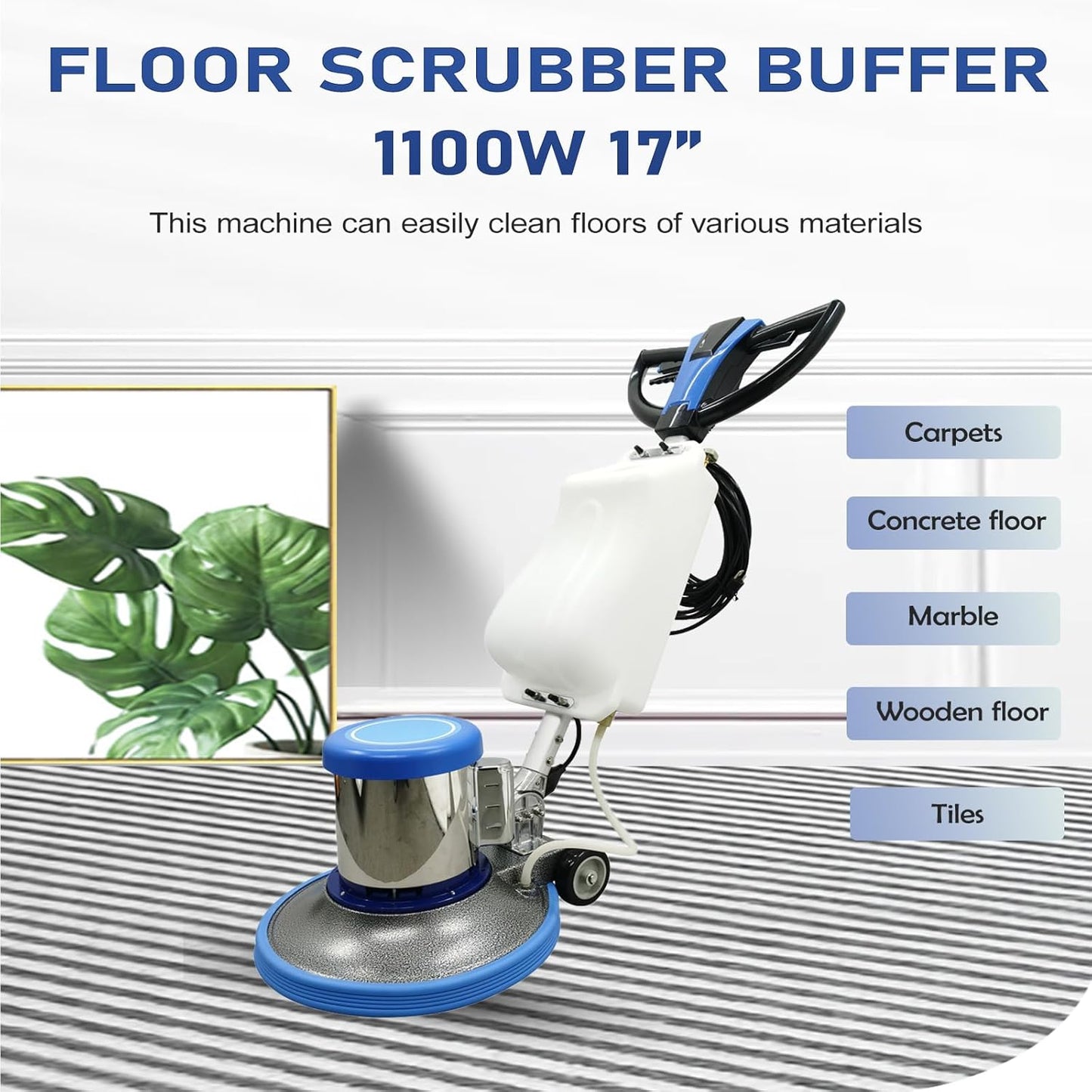 110V Floor Polisher Commercial Floor Scrubber Machine, Carpet Buffer Scrubber with 3.1gal Water Tank and 17" Base 175Rpm 1100W, for Marble/Cement/Epoxy/Rubber Floors/Wood