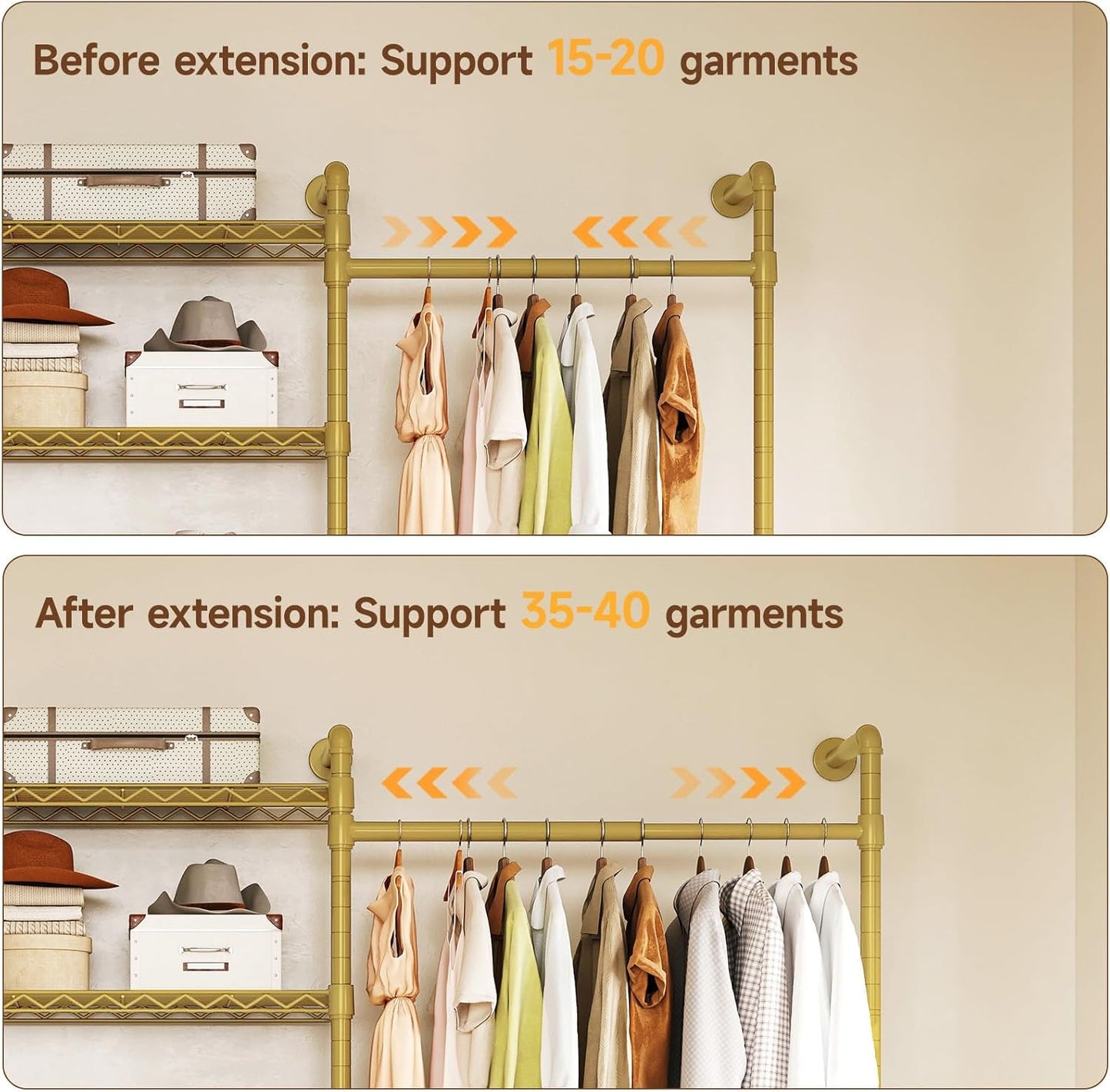 ONBRILL L4 Wall Mounted Industrial Pipe Clothing Rack, Closet Organizer System with 6 Hanging Clothes Rods ( 4 Expandable Rods) & 8 Shelves, Heavy Duty Corner Garment Rack, Large Wardrobe - Gold