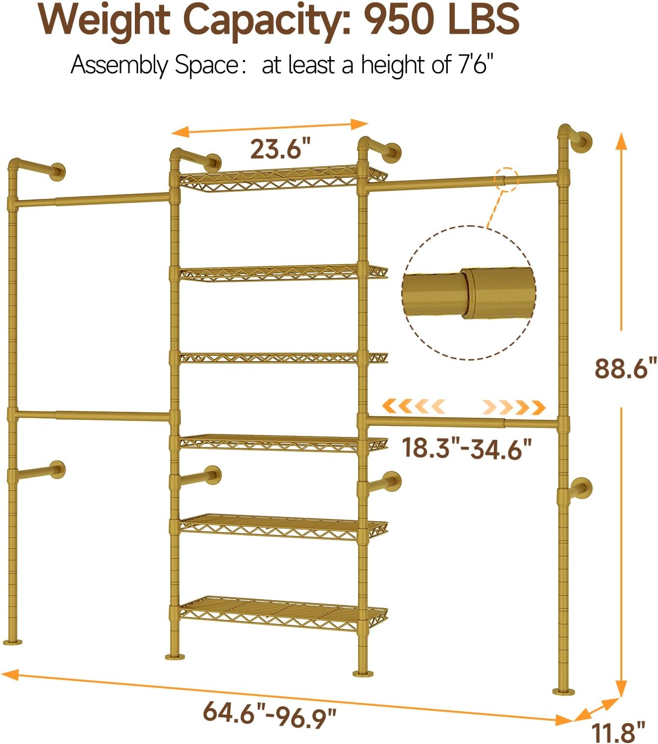 ONBRILL H3 Wall Mounted Closet System, Expandable Industrial Pipe Clothes Rack Clothing Rack for Hanging Clothes, Heavy Duty Closet Organizers and Storage in Wardrobe Closet, Gold