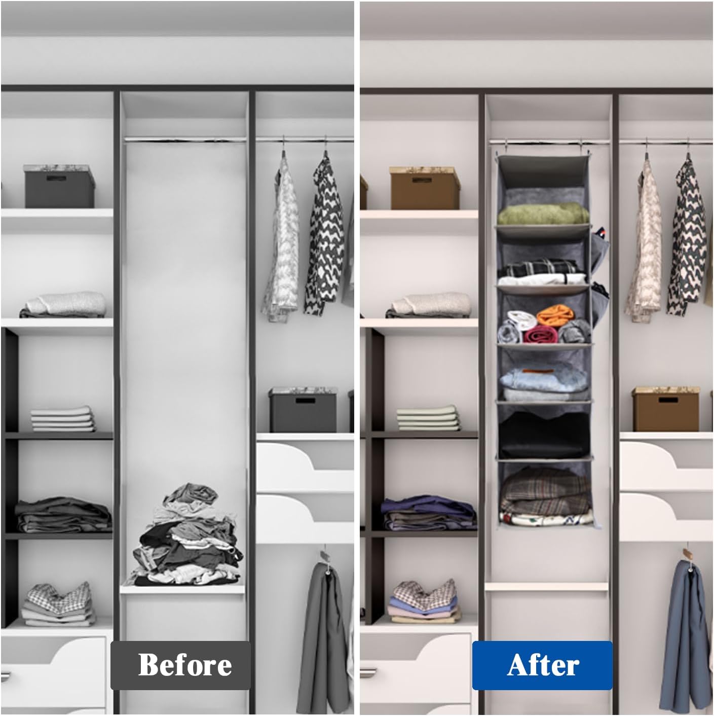 2 Packs Hanging Closet Organizer, 4-Shelf Closet Organizers and Storage with Side Pockets, Collapsible Hanging Shelves for Closet & RV & College Dorm,Beige