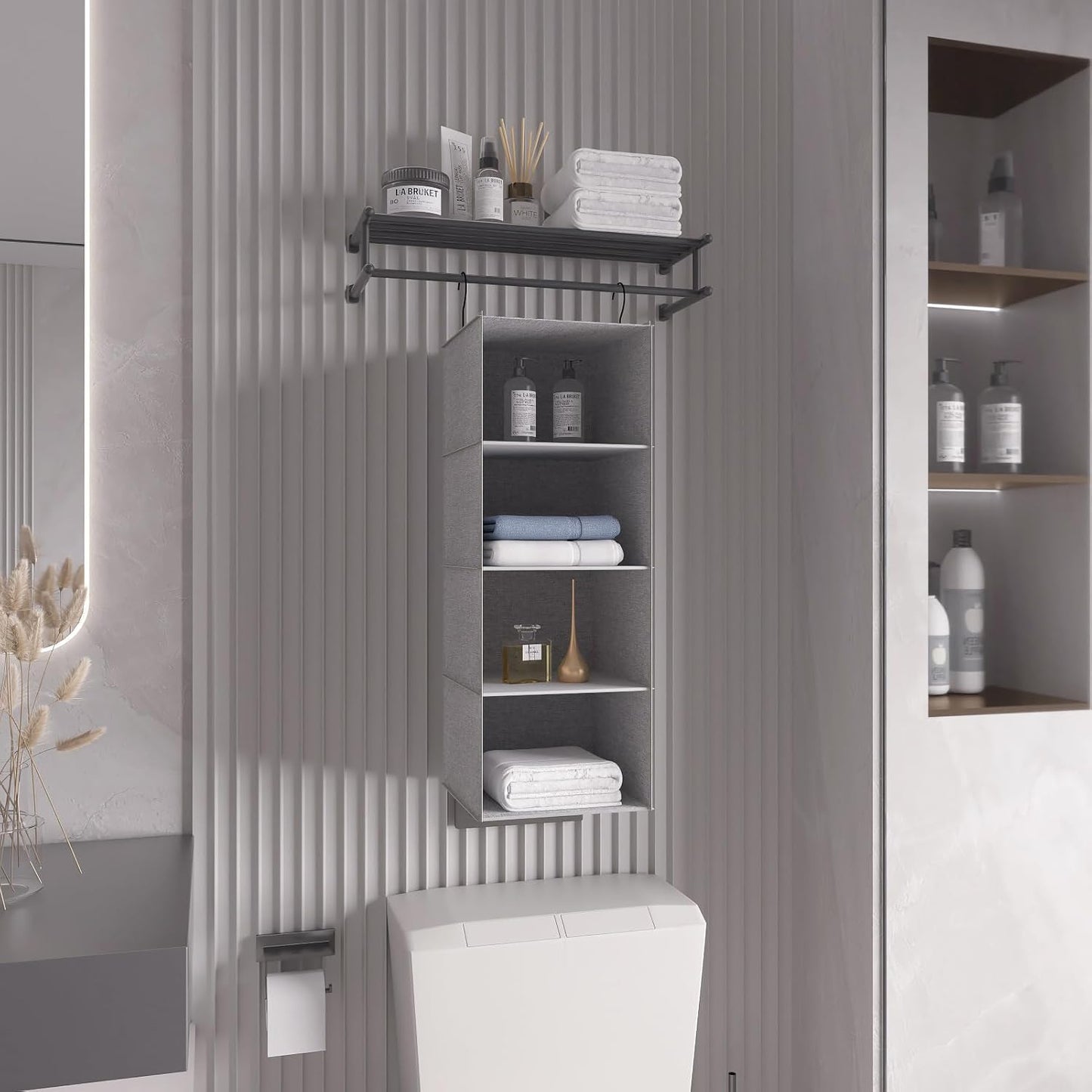 Hanging Closet Organizer, Easy Mount Collapsible 4-Shelf Camper Closet Wardrobe Hanging Storage Shelves, Folded Clothes Towels Handbag Shoes Accessories Storage, Linen Cloth, Gray