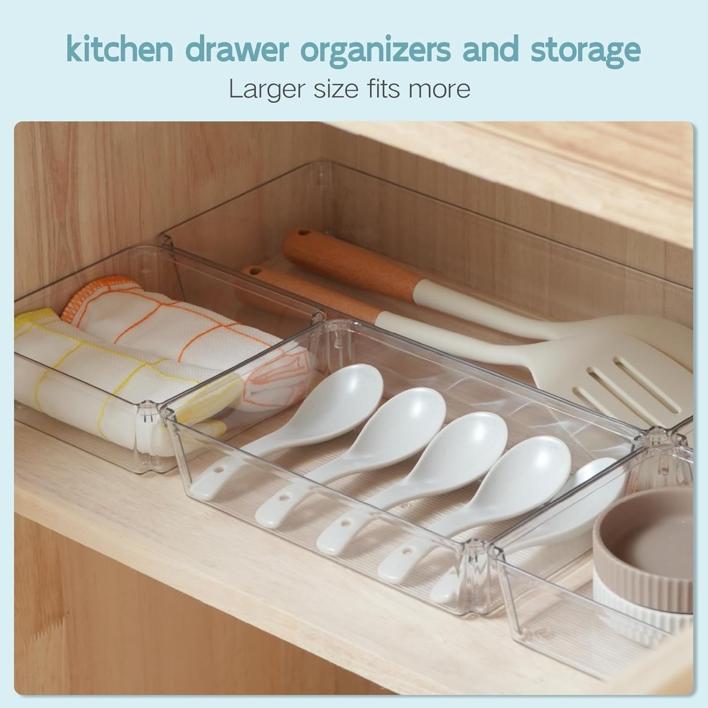 6 Pack Large Clear Plastic Drawer Organizer Trays, Desk Drawer Organizers and Storage Dividers, Non-Slip Storage Bins for Jewelry, Snacks, Office, Bathroom, Bedroom and Kitchen