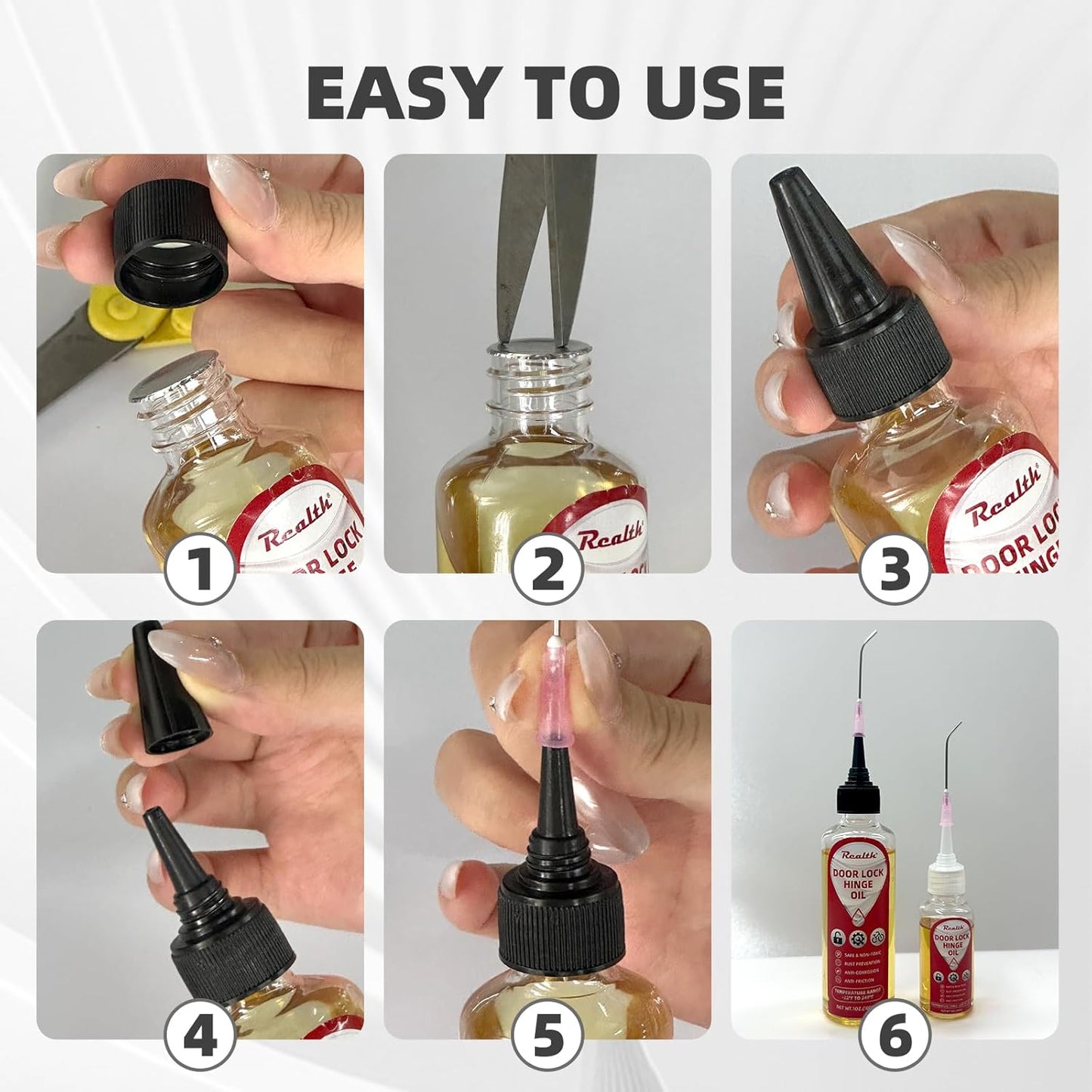 Realth Door Hinge Lubricant -Garage Door Lubricant Oil Great for Squeaky Hinges, Locks, Chains, Keyholes & More - Long-Lasting, Non-Toxic, Rust-Resistant with Precision Oiler Needle (30ml)