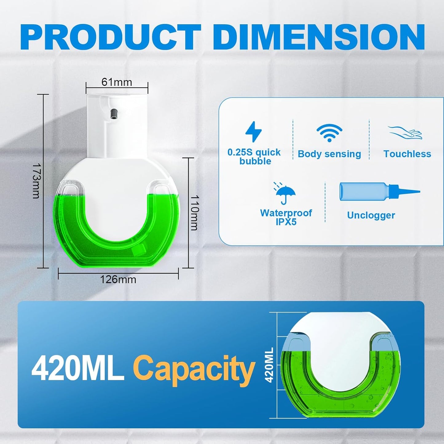 Automatic soap dispenser touchless 15oz/420ml Kitchen Dish Automatic Liquid Soap Dispenser 4 Adjustable Soap Dispensing Levels Wall Mount for Kitchen and Bathroom, Liquid Hand Soap Dispenser