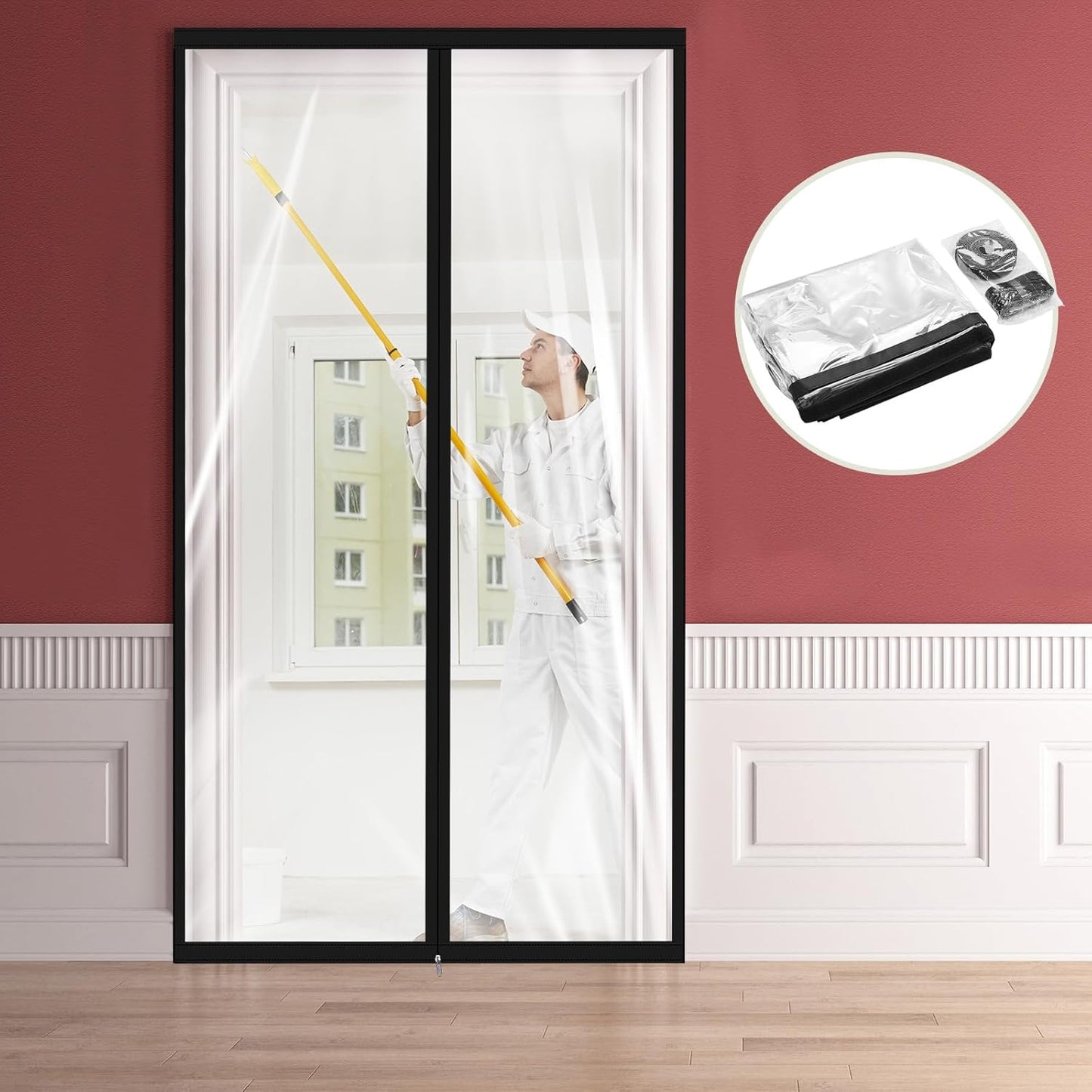 Amylove Zipper 34 x 80 Inch Dust Barrier Door Kit Construction Door Barrier 2.8 x 6.7 ft Reusable Plastic Curtain Cover Containment Standard Doorway Temporary Wall Screen Sheeting for Bathroom Hallway