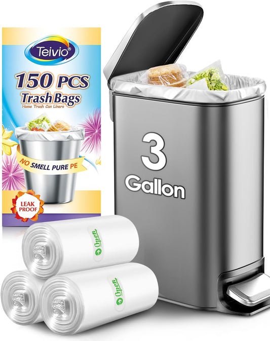 Teivio 3 Gallon 150 Counts Strong Trash Bags Garbage Bags, Bathroom Trash Can Bin Liners, Small Plastic Bags for Home Office Kitchen Kitchen, Clear