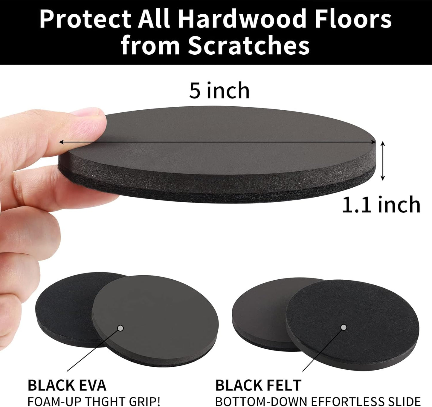Ezprotekt 5" Round Felt Furniture Movers Sliders for Hardwood Floors, 8 Pcs Reusable Felt Furniture Moving Pads for Heavy Duty Bed Sofa Fridge Couch, Move Item Easily and Quickly (Black)