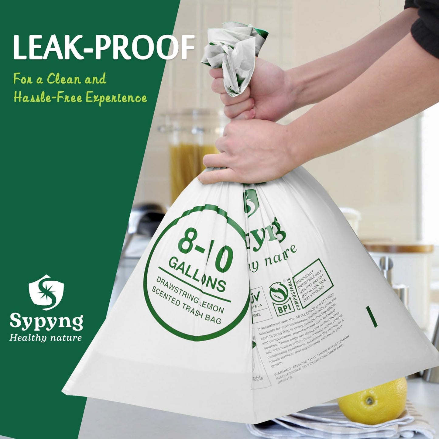 Compostable Kitchen Trash Bags 8-10 Gallon (50-Pack) – Heavy-Duty 1.1 Mil, 100% Biodegradable, ASTM D6400, BPI & OK Compost HOME Certified, Eco-Friendly, Leakproof & Odor Control