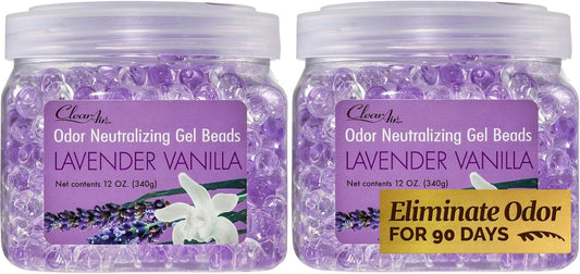 Clear Air Odor Eliminator Gel Beads - 12 oz, Pack of 2 - Air Freshener Made with Essential Oils - Eliminates Odors in Bathrooms, Cars, Boats, RVs & Pet Areas - Lavender Vanilla Scent