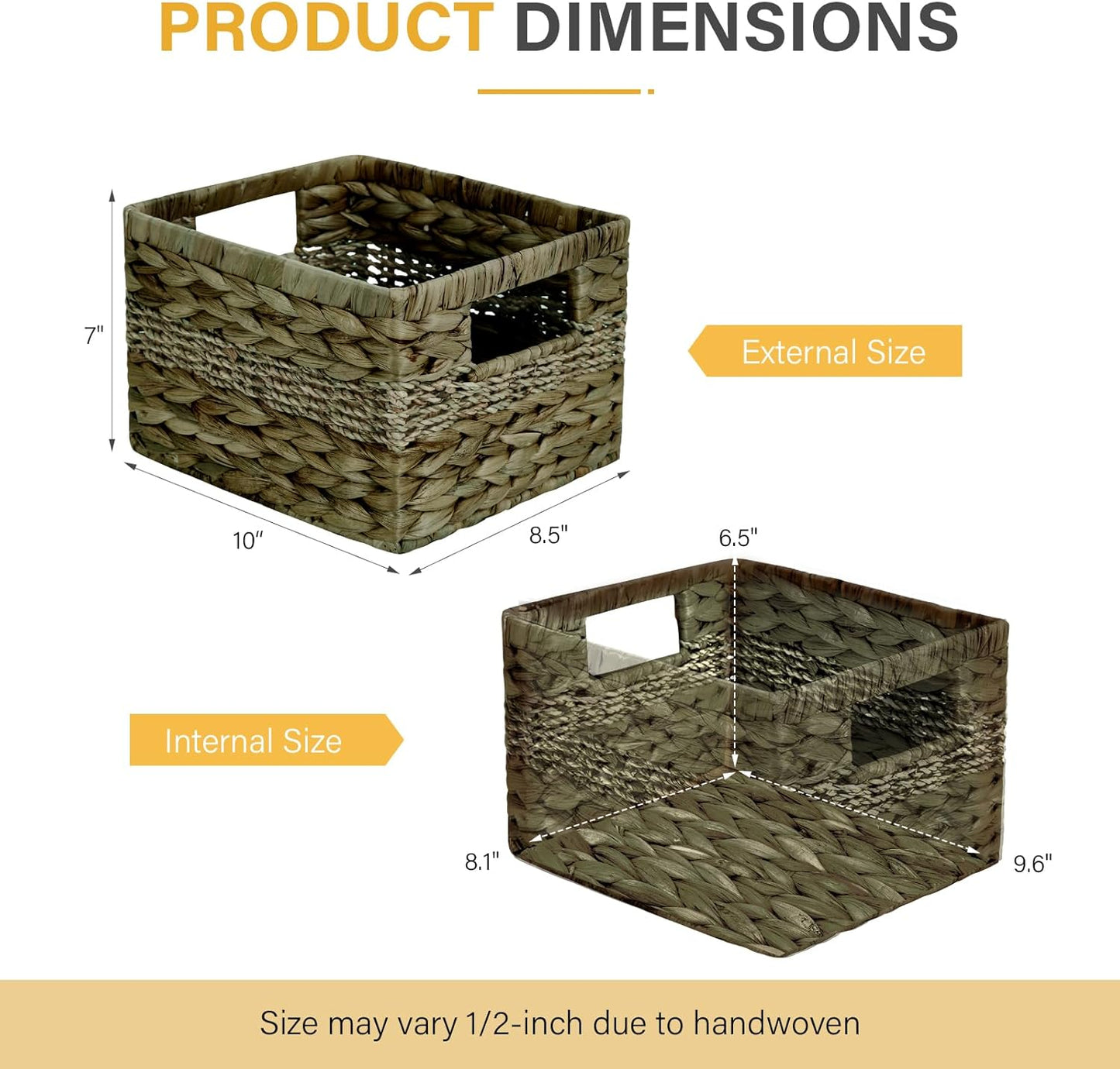 Water Hyacinth Wicker Basket, Decorative Woven Baskets with Built-in Handles, Hand-woven Storage Organizer for Organizing Pantry, Shelves, Livingroom, Bedroom, Toilet(2-PACK, Sage Green)