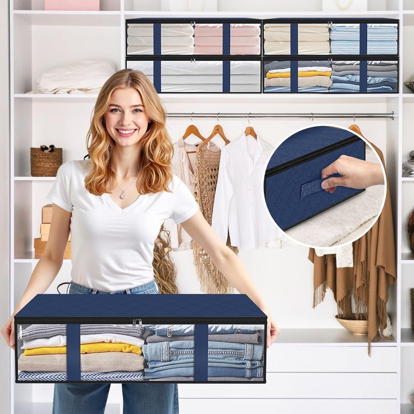 StorageRight Under Bed Storage Bins, 2-Pack 40L Foldable Fabric Storage Bags with Transparent Window, Breathable Organizer for Clothes/Blanket/Comforter/Quilt, Blue