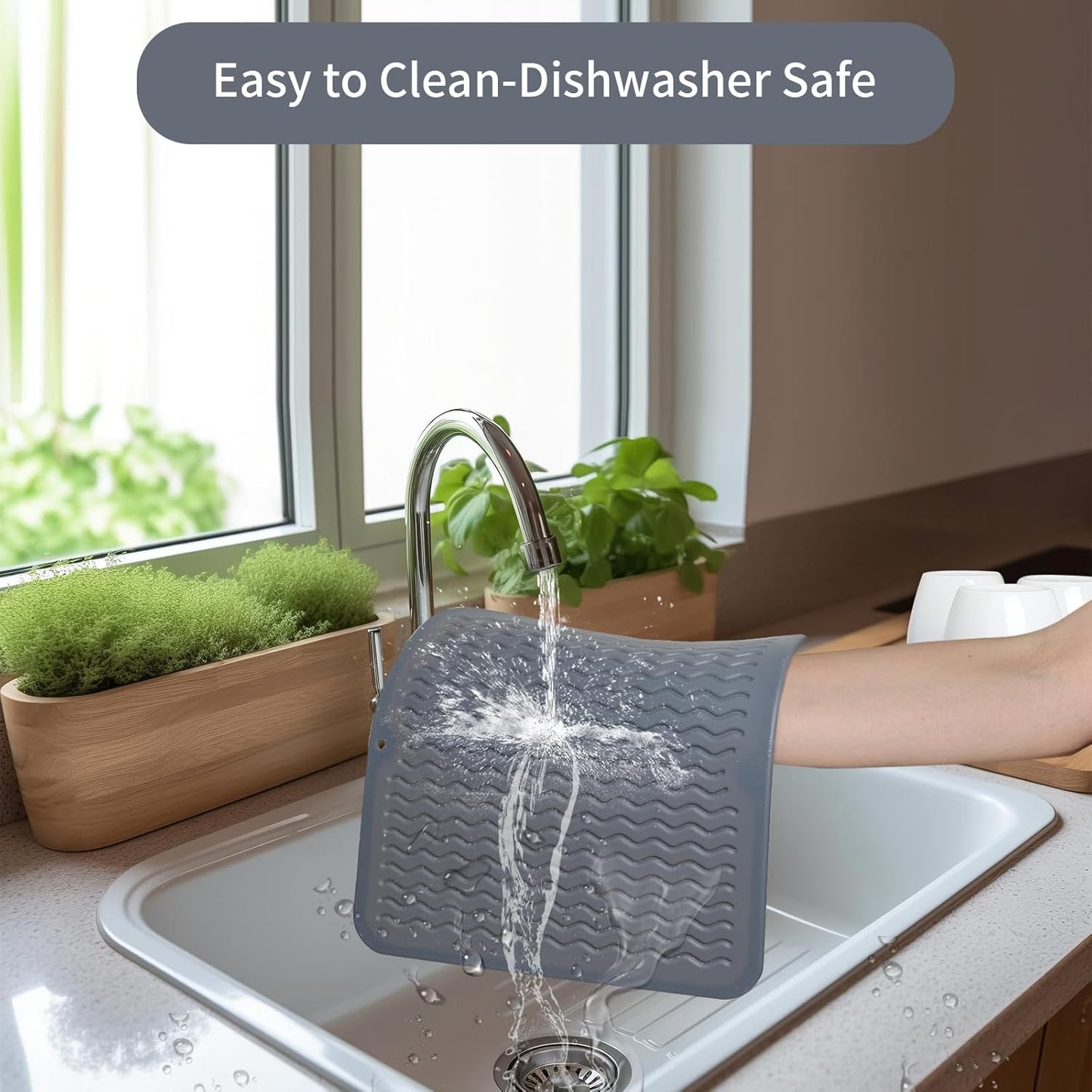 ZLR 2 Pcs Silicone Dish Drying Mats for Kitchen Counter, Eco-Friendly Fast Dry Dish Mat, Easy Clean Multi Usage Drying Matt, Heat Resistant Trivet, 12" x 12" Middle, Gray