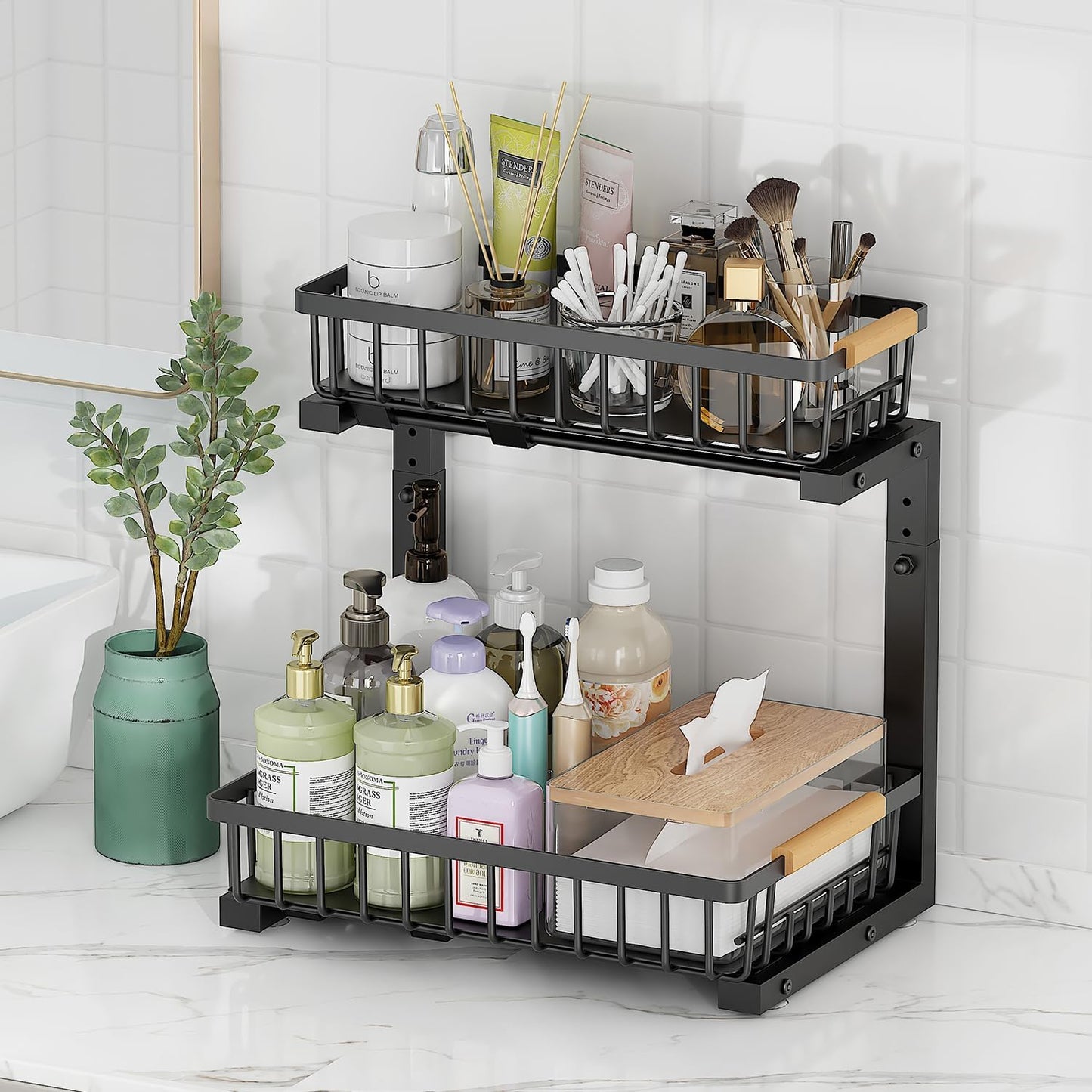 2-Tier Slide Out Under Sink Organizer – 2-Tier Pull-Out Storage Rack, Bathroom organizers and storage for Kitchen and Bathroom, Space-Saving Cabinet Organizer, Rustproof,（Black)(2 Pack)