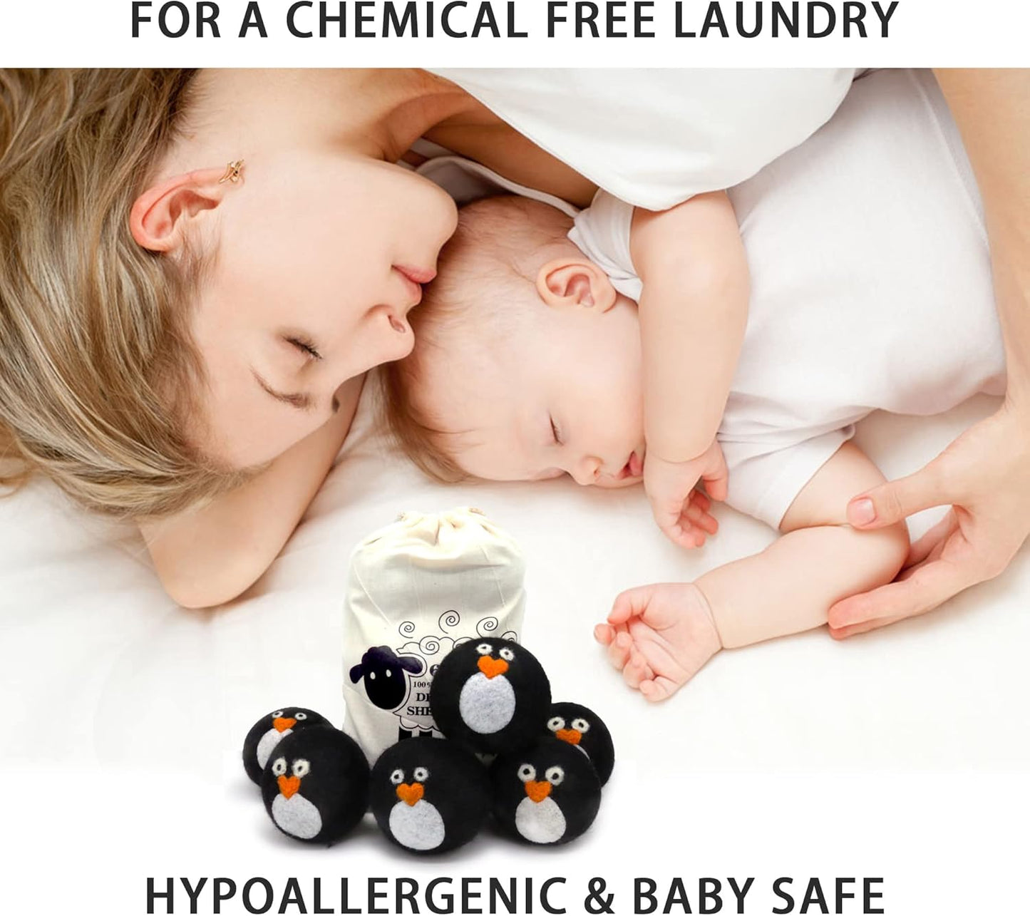Pack of 6 Wool Dryer Balls, Muulaii Reusable Fabric Softener, Extra Large, Black Penguin
