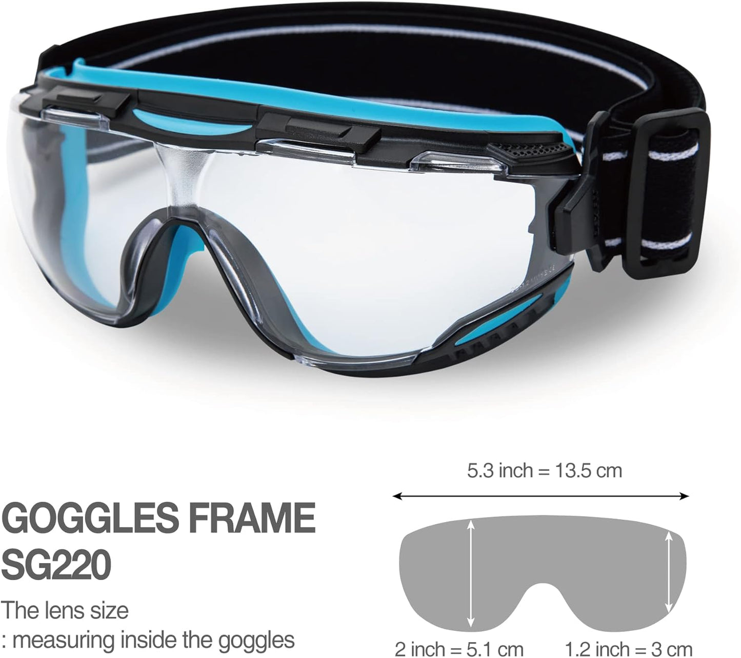 DEX FIT Protective Safety Goggles SG220; Anti Fog & Scratch, Z87 Eye Protection for Lab, Science, and Chemistry Work, Adjustable for Women and Men, (Black & Blue Frame, Clear Lens, 30cm Strap)