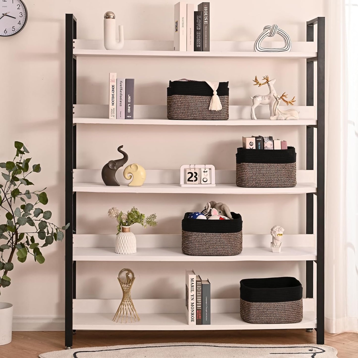 Storage Baskets for Shelves Organizing, Woven Cotton Rope Baskets for Storage, Book Basket, Decorative Shelf Basket, 12.5"Lx9.1''Wx7.9''H (4 Packs) Black & Jute