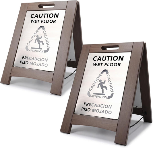 Premium Outdoor Composite Caution Wet Floor Sign – Bilingual w/Non-Skid Plastic Feet, Black Plate – For Hotels, Schools, Offices, Areas, Restrooms, Pool Decks - Brown 2 Pack