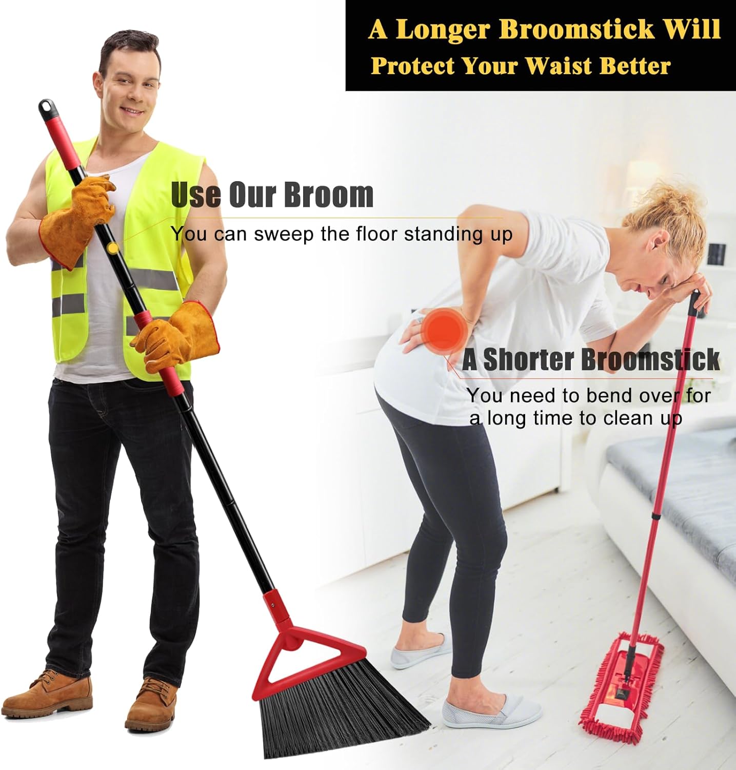 Heavy Duty Commercial Broom, Upgraded Angle Brooms for Sweeping Indoor and Outdoor, Perfect Red Broom of Kitchen, Garage, Industrial and Courtyard