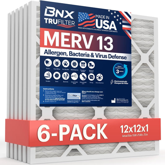 BNX TruFilter 12x12x1 Air Filter MERV 13 (6-Pack) - MADE IN USA - Electrostatic Pleated Air Conditioner HVAC AC Furnace Filters for Allergies, Pollen, Mold, Bacteria, Smoke, Allergen, MPR 1900 FPR 10