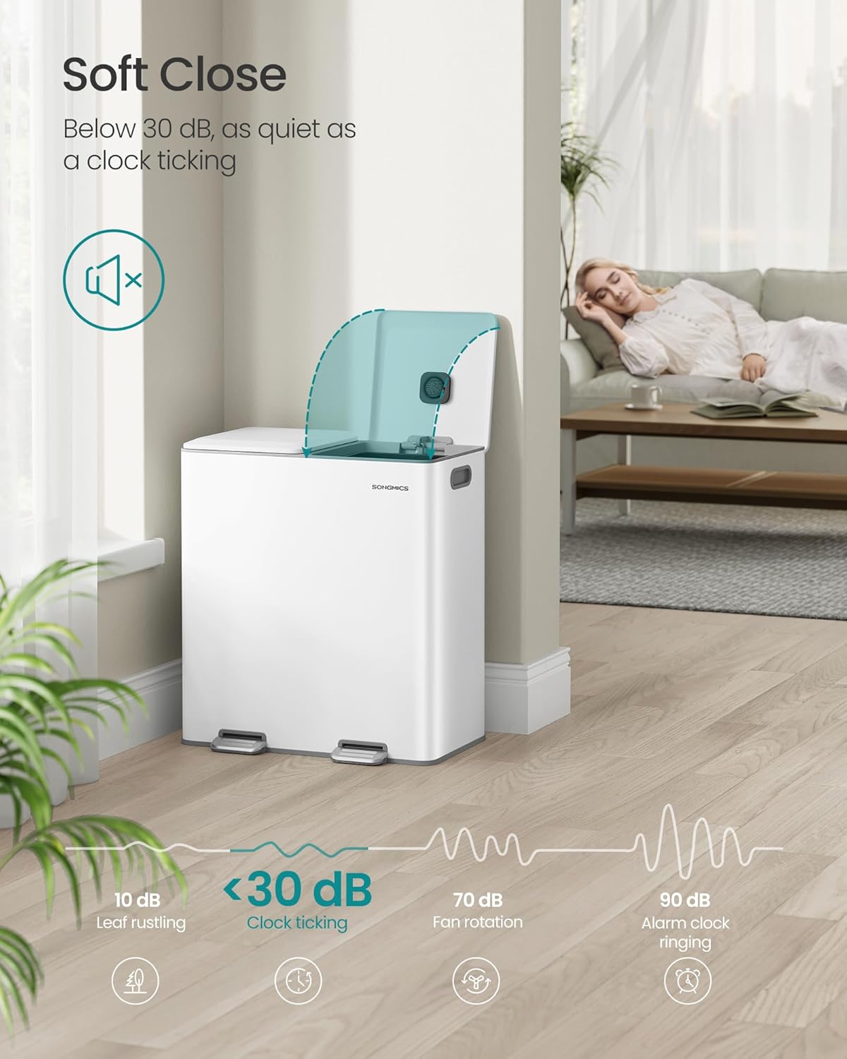 SONGMICS Trash Can, 2 x 8 Gallon (2 x 30 L) Double Garbage Can with Soft-Close Lids, Removable Inner Buckets, Pedals, Stainless Steel, for Waste and Recycling, Cloud White ULTB743W01