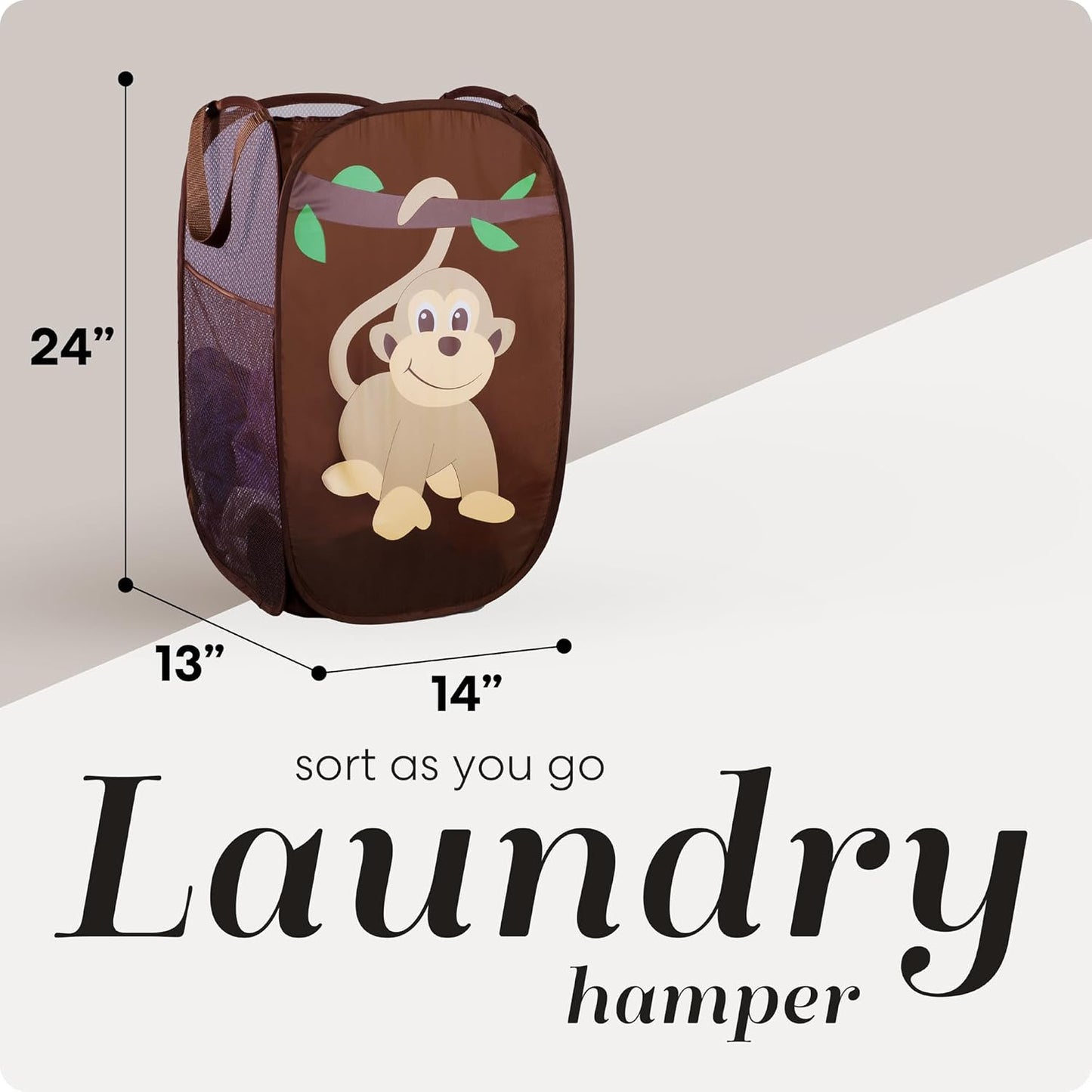 Handy Laundry Collapsible Mesh Pop Up Hamper with Wide Opening and Side Pocket - Breathable, Sturdy, Foldable, and Space-Saving Design for Clothes and Storage (Monkey)