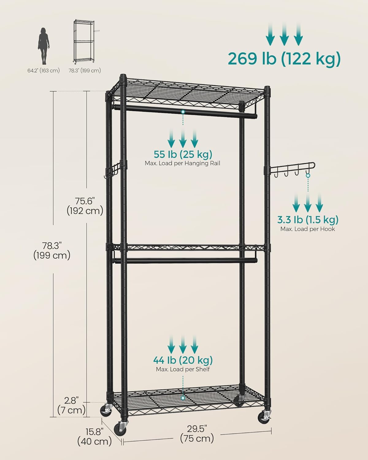 SONGMICS Heavy-Duty Rolling Clothes Rack, Garment Rack, Portable Closet, 29.5-Inch Wide Clothing Rack on Wheels, with Adjustable Mesh Shelves and Hanging Rails, Hooks, Ink Black ULGR412B01
