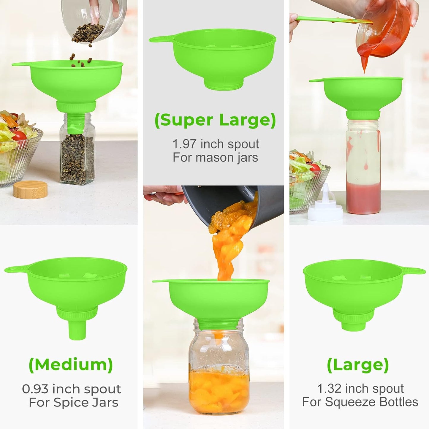 Wide Mouth Kitchen Funnel, Food Grade Plastic Cooking Canning Funnel with 4 Sizes Spouts for Filling Wide and Regular Mason Jars, Spray Dropper Oil Bottle Jug Spices Shampoo Sauce