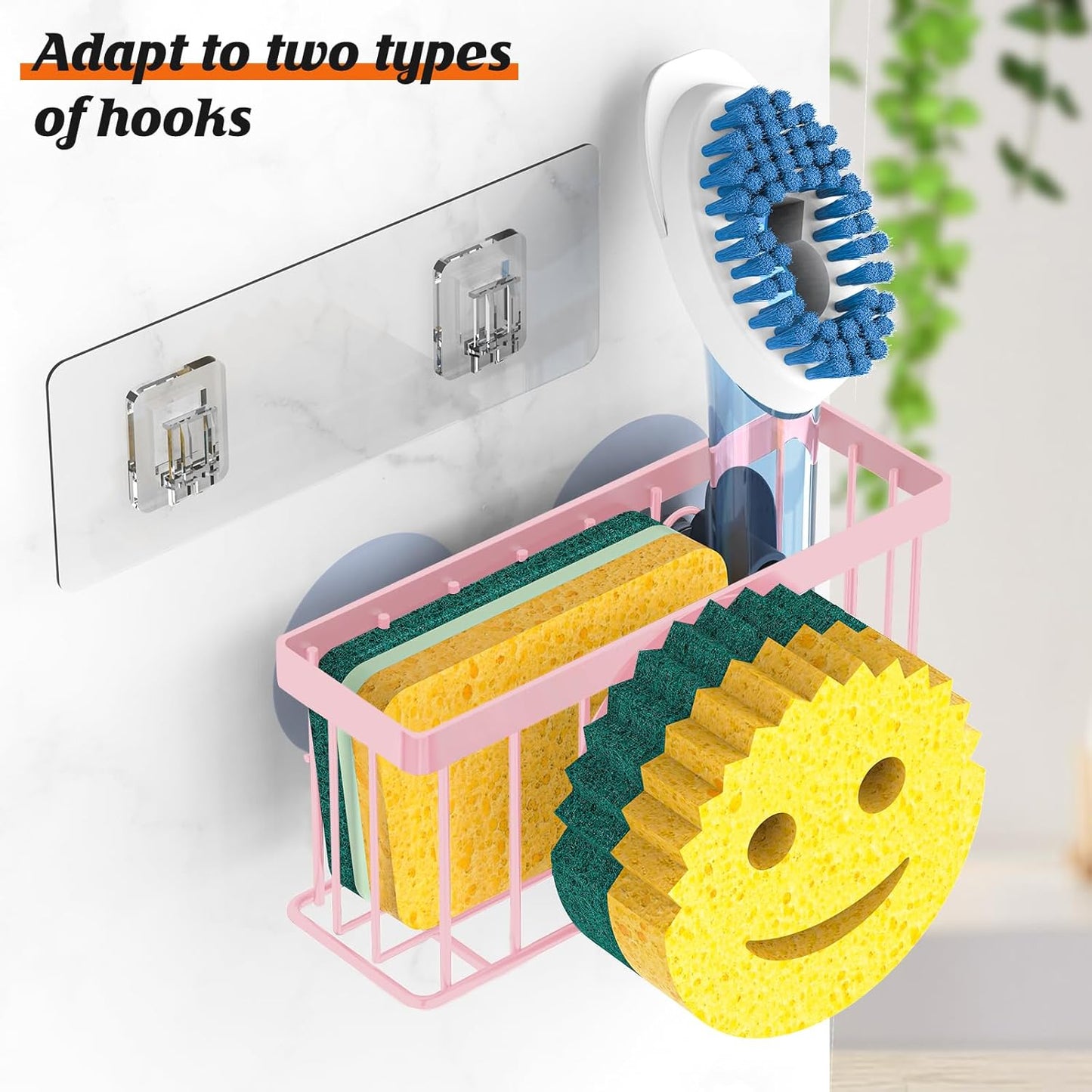 Sponge Holder Smiley Face,Sink Caddy,Sink Organizer with 2 Suction Cups/1 Adhesive Strips,Designed for Sponge,Soap,Dish Brush,Scrubber - Pink