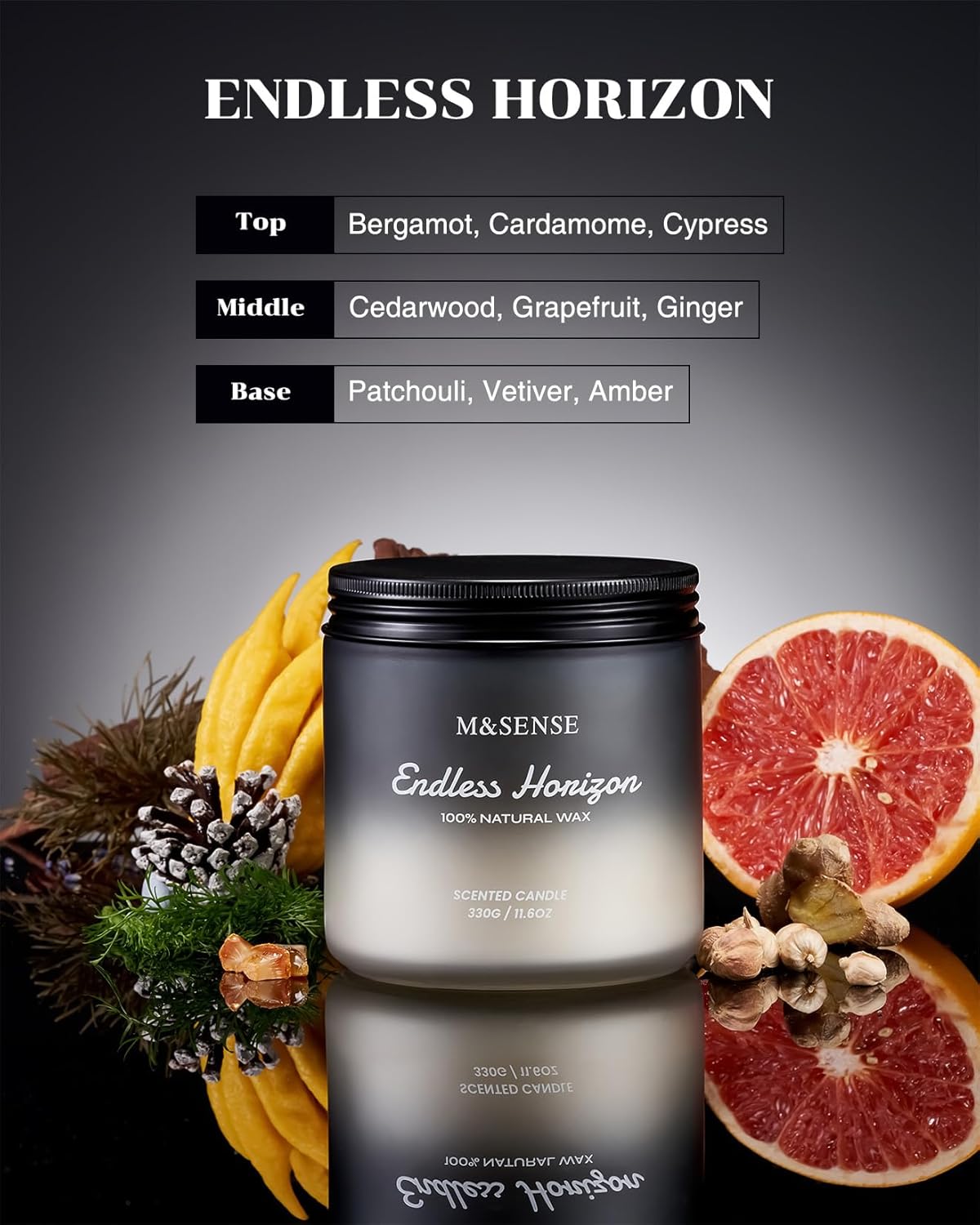 M&SENSE Cedar Ginger Men Scented Candles, 11.6oz 2 Wick All Natural Soy Wax Clean Non Toxic Gift for Men, Masculine Black Highly Scented Candle Home Fragrance Holiday Gift for Him