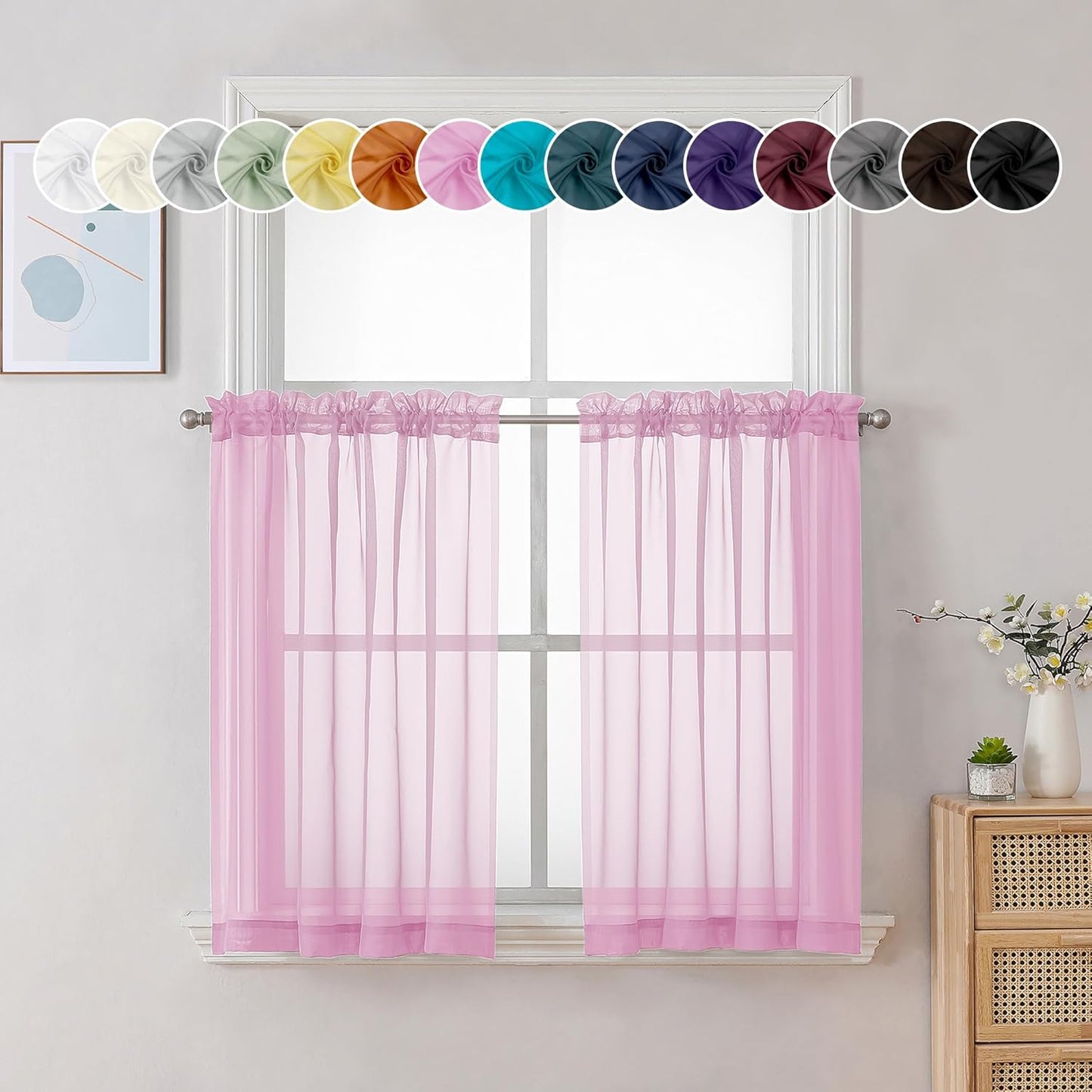 Chyhomenyc Pink Curtains Over Sink 36 Inch Length 2 Panels, Light Filtering Short Rod Pocket Voile Sheer Drapes for Bathroom Living Room Small Windows, Each 42W x 36L inches