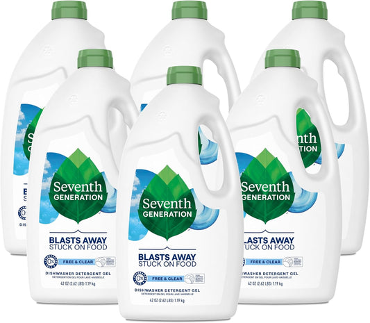 Seventh Generation Dishwasher Detergent Gel for Sparkling Dishes Free & Clear Fragrance Free 42 oz, Pack of 6
